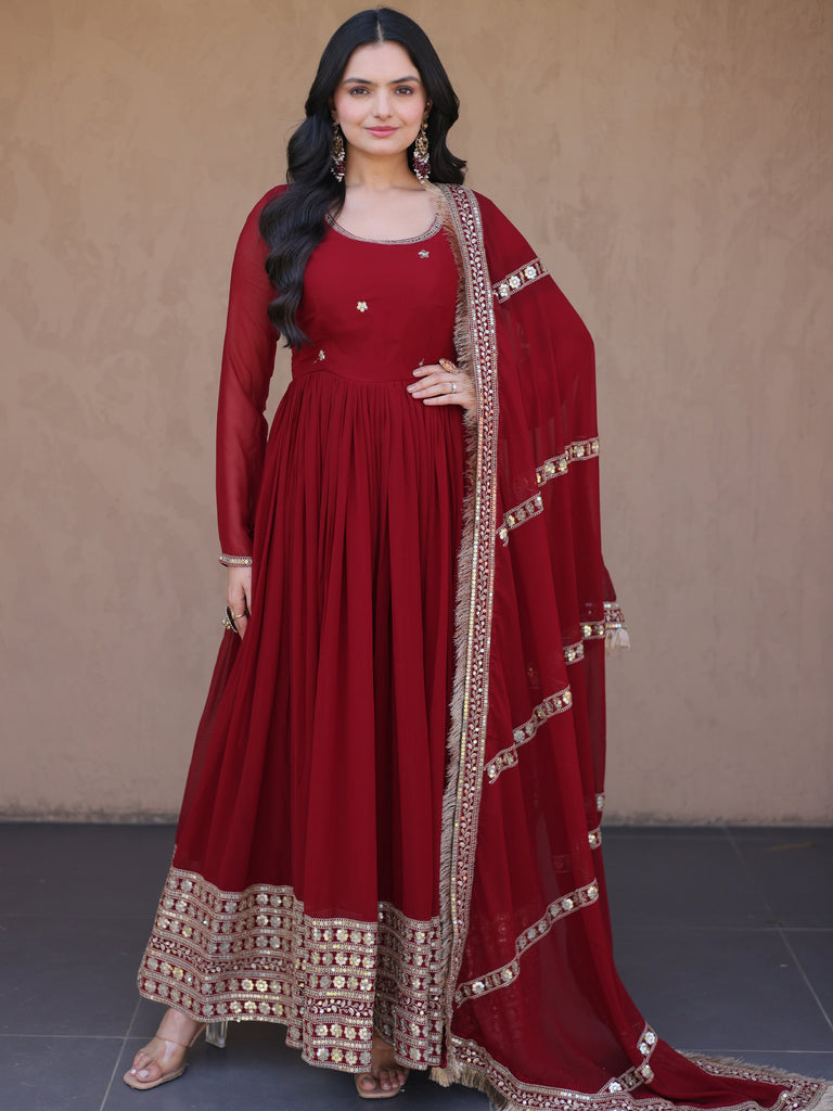 Charming Maroon Sequins Georgette Reception Wear Gown With Dupatta