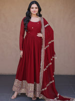 Charming Maroon Sequins Georgette Reception Wear Gown With Dupatta