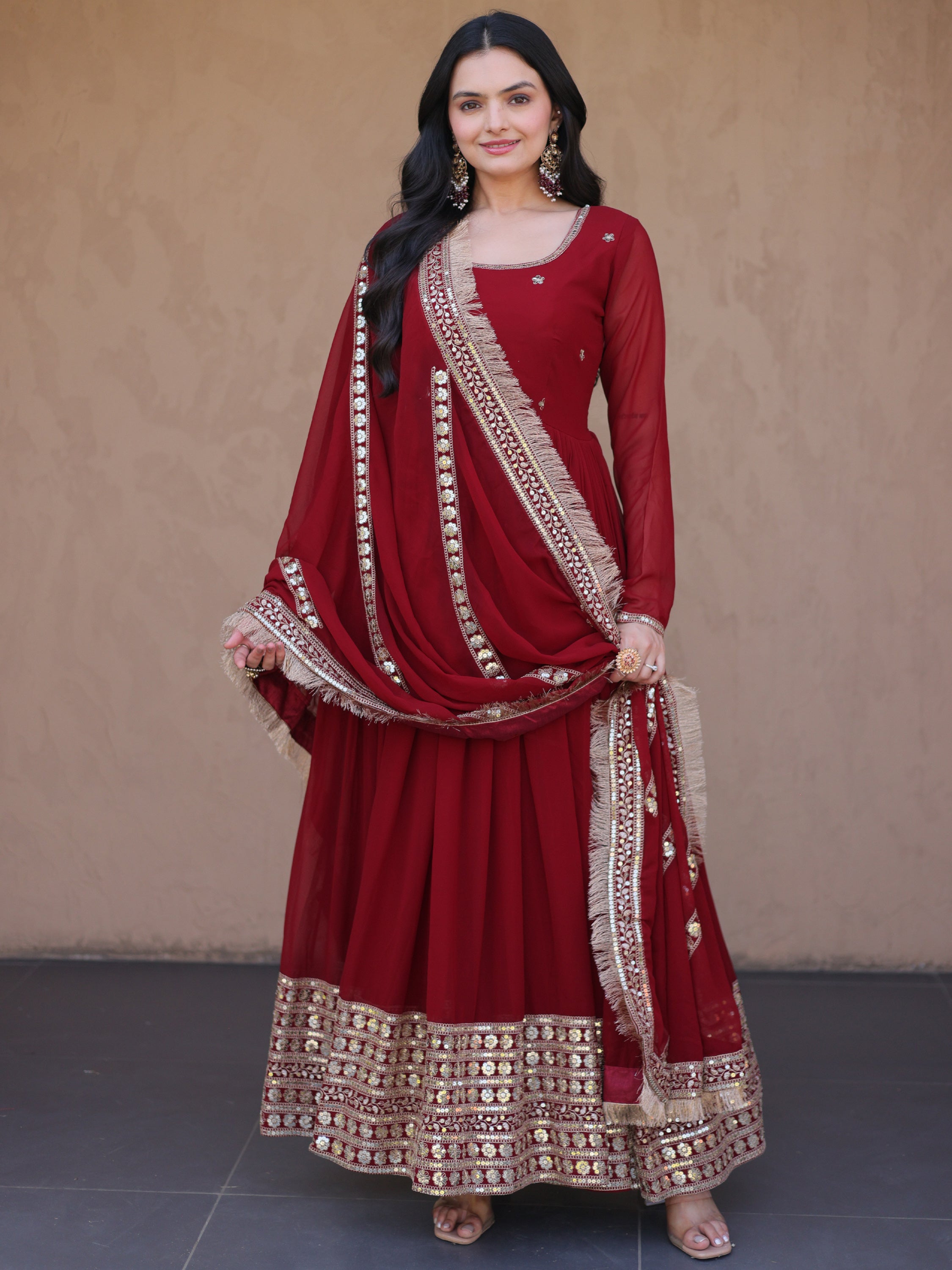 Charming Maroon Sequins Georgette Reception Wear Gown With Dupatta