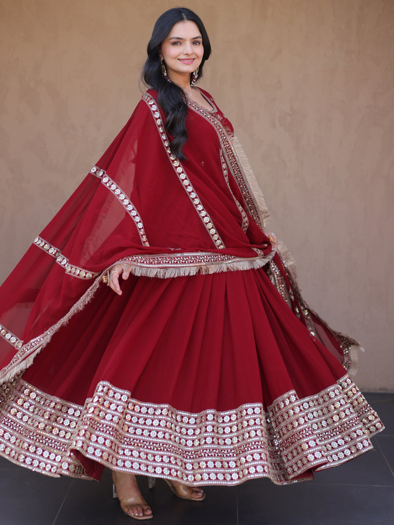 Charming Maroon Sequins Georgette Reception Wear Gown With Dupatta