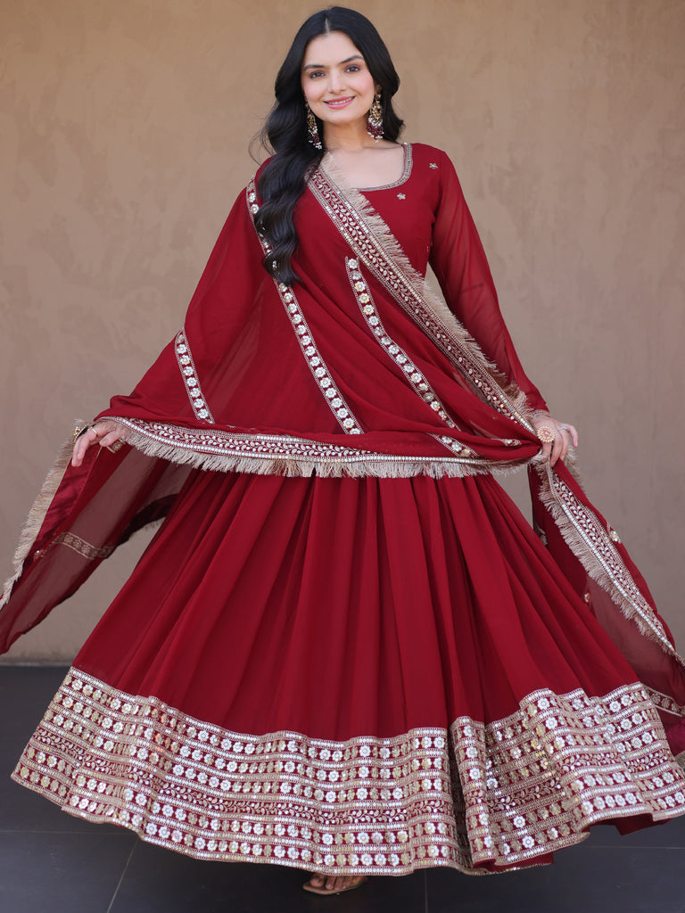 Charming Maroon Sequins Georgette Reception Wear Gown With Dupatta