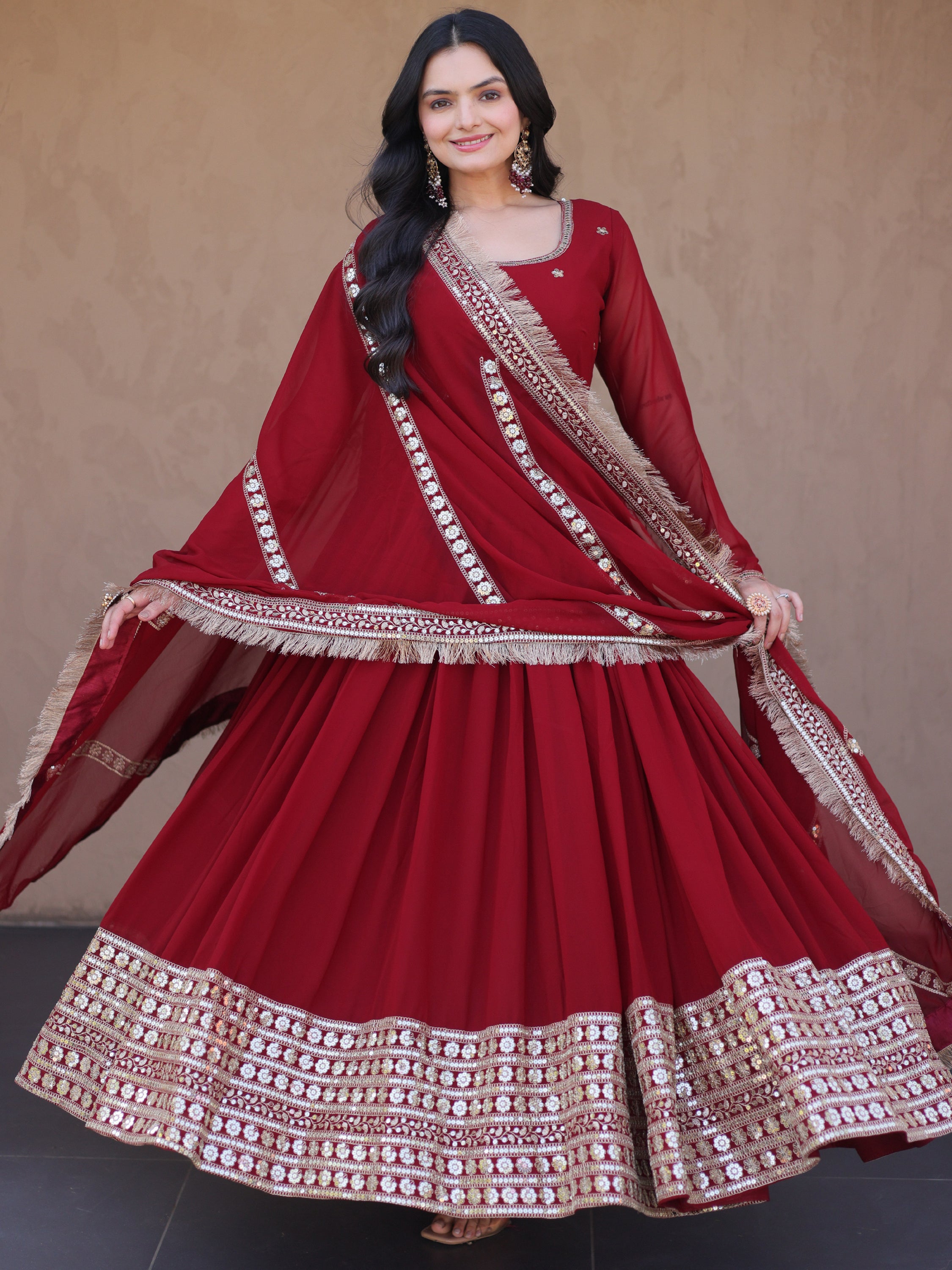 Charming Maroon Sequins Georgette Reception Wear Gown With Dupatta
