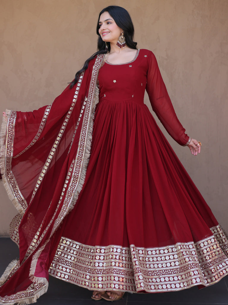 Charming Maroon Sequins Georgette Reception Wear Gown With Dupatta