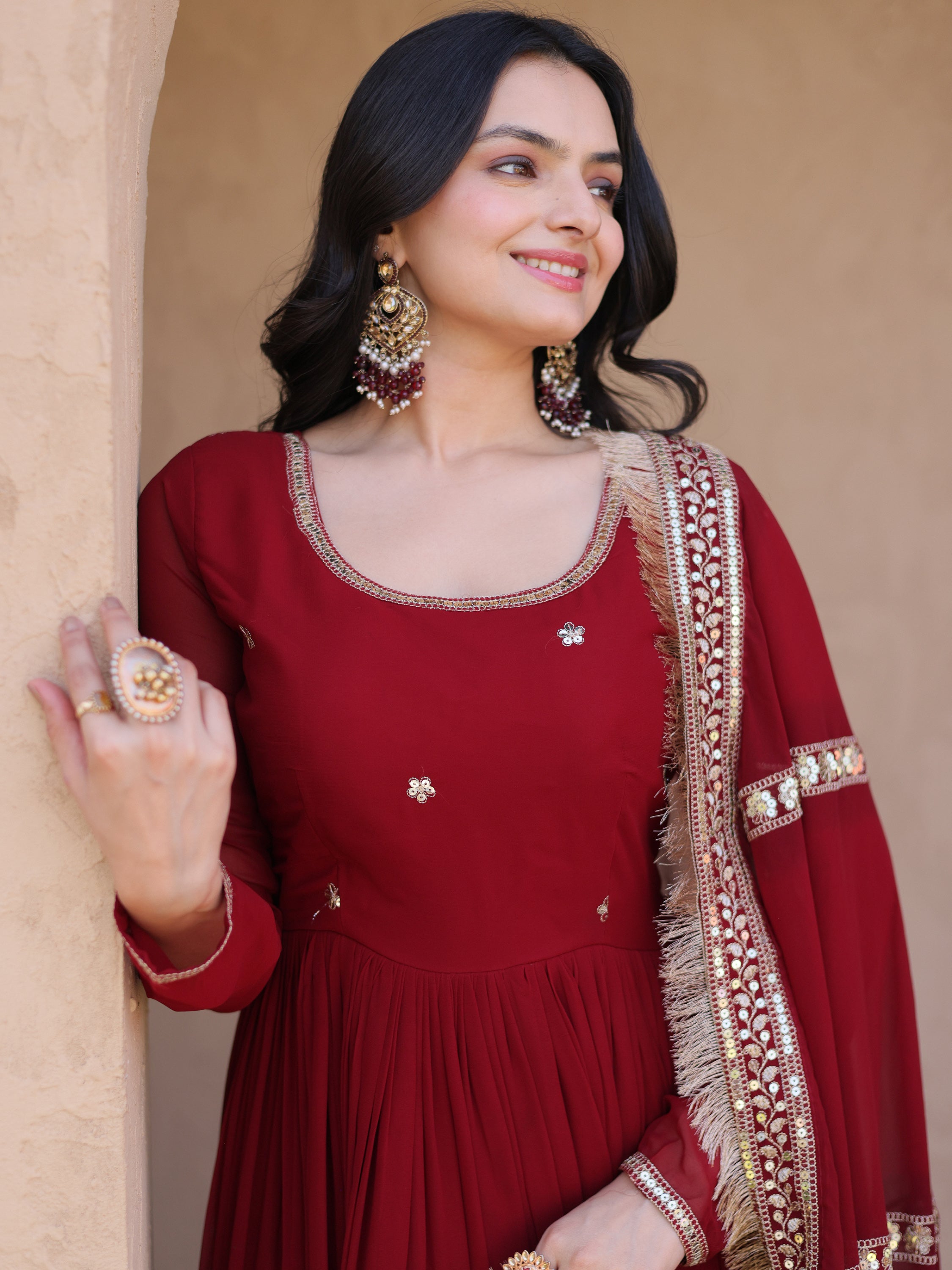 Charming Maroon Sequins Georgette Reception Wear Gown With Dupatta