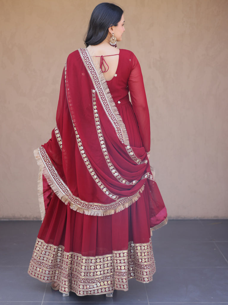 Charming Maroon Sequins Georgette Reception Wear Gown With Dupatta