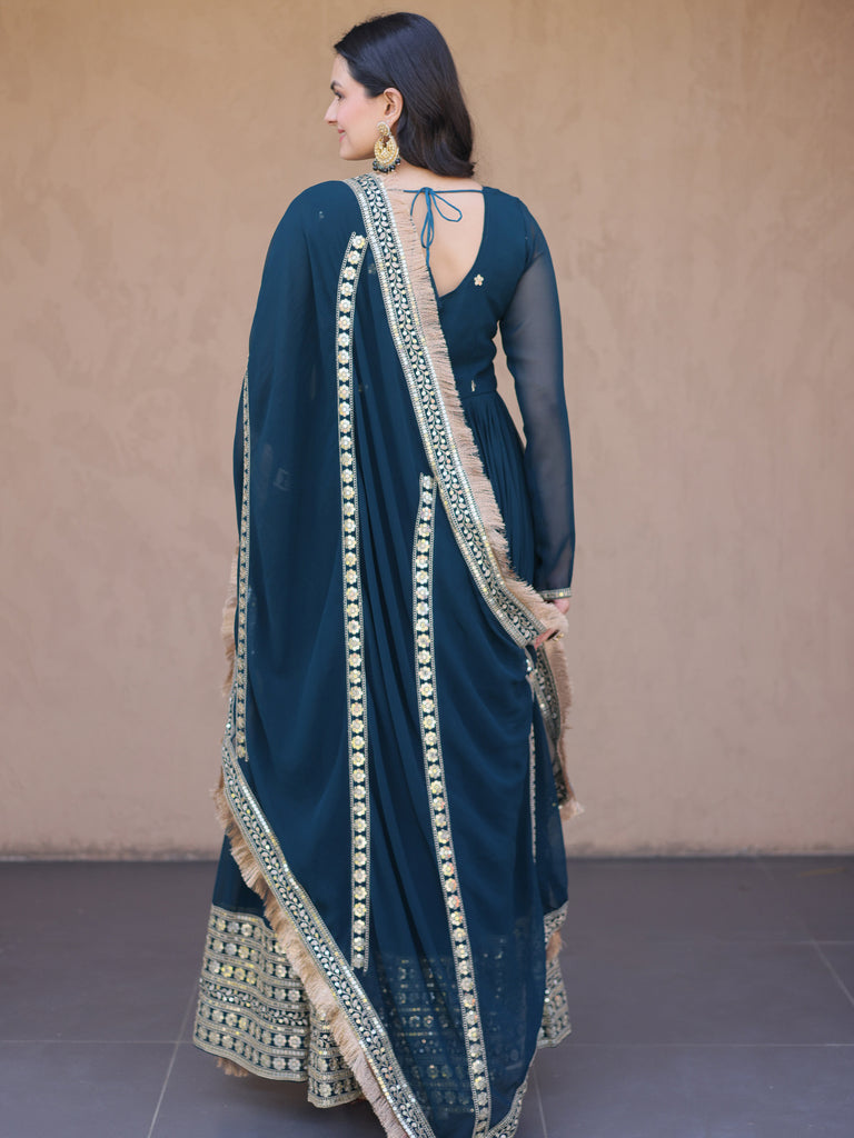 Classic Teal Blue Zari Work Georgette Marriage Wear Gown With Dupatta