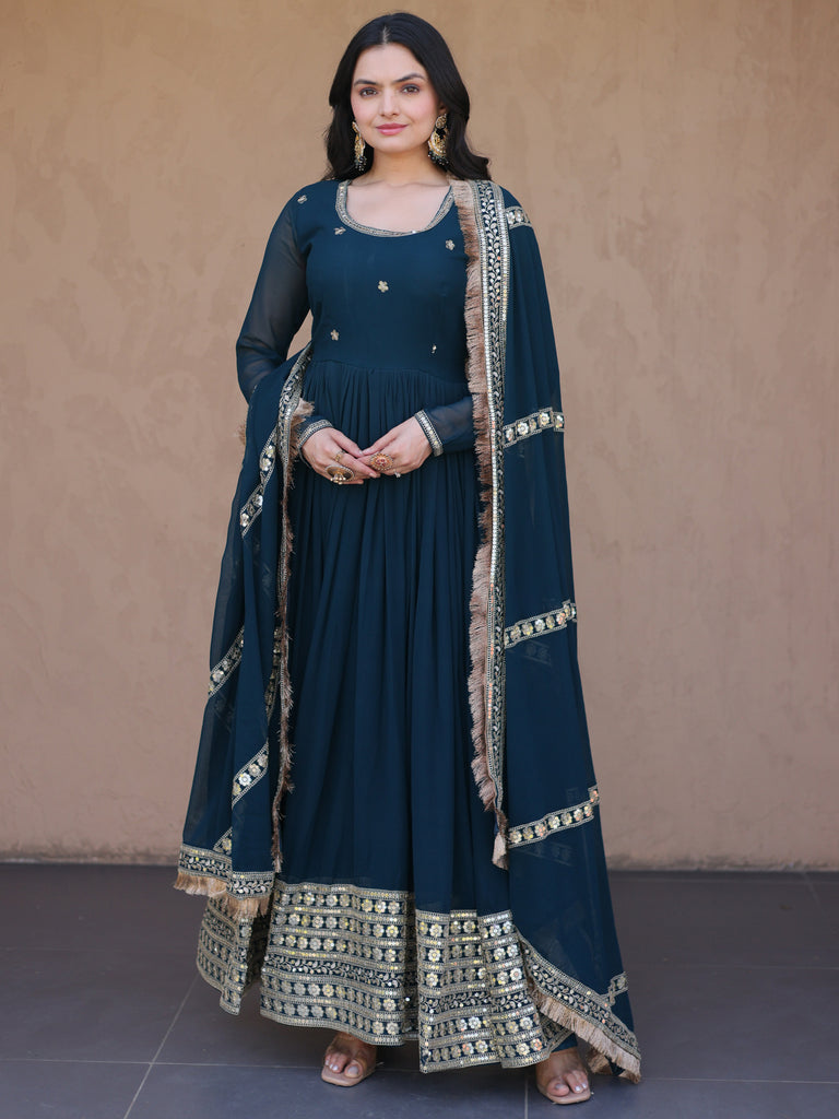 Classic Teal Blue Zari Work Georgette Marriage Wear Gown With Dupatta