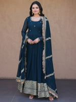 Classic Teal Blue Zari Work Georgette Marriage Wear Gown With Dupatta