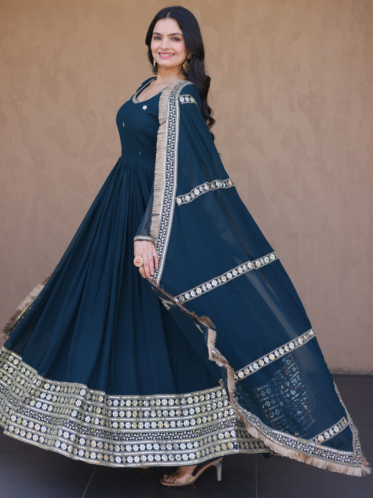 Classic Teal Blue Zari Work Georgette Marriage Wear Gown With Dupatta
