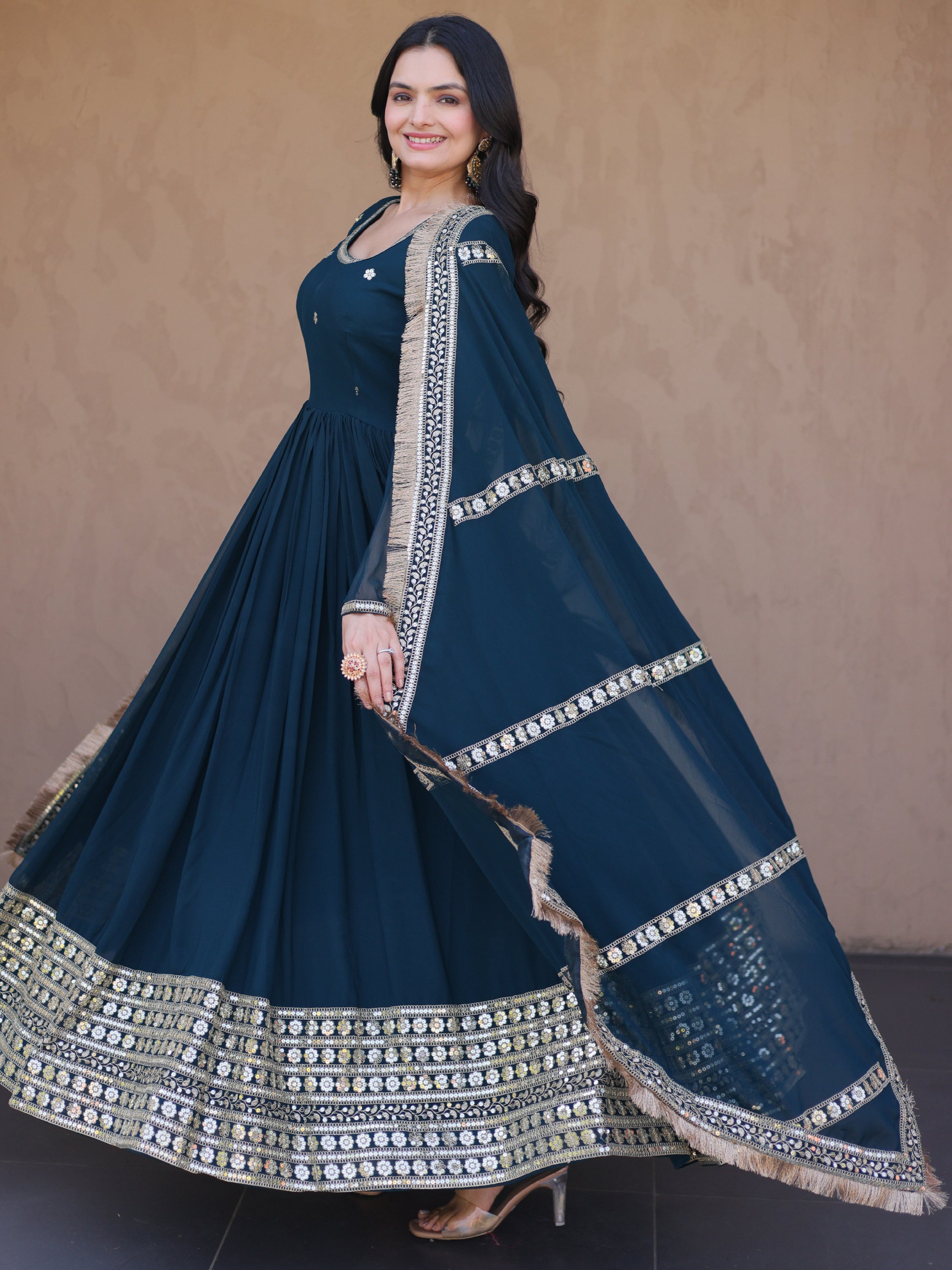 Classic Teal Blue Zari Work Georgette Marriage Wear Gown With Dupatta