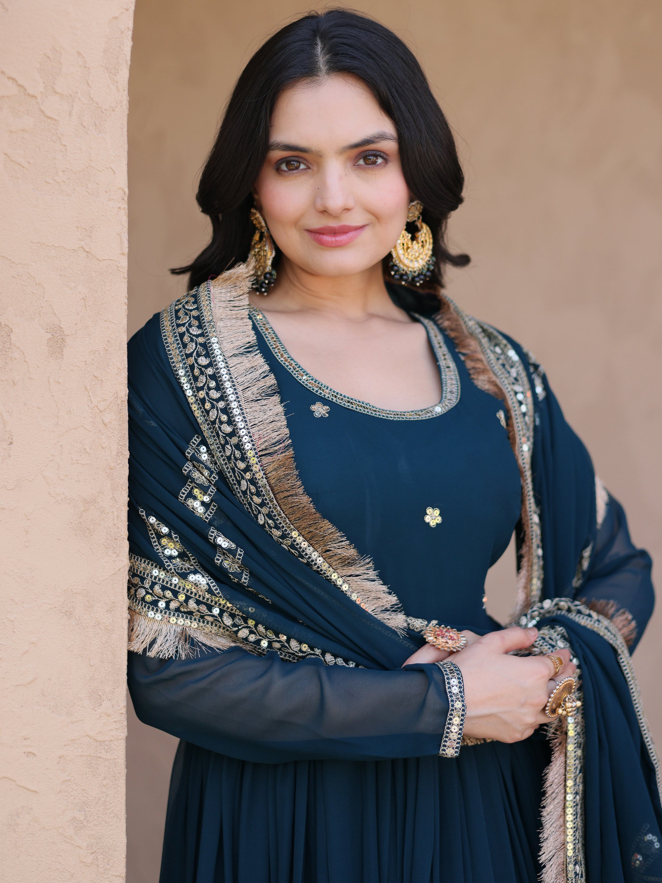 Classic Teal Blue Zari Work Georgette Marriage Wear Gown With Dupatta