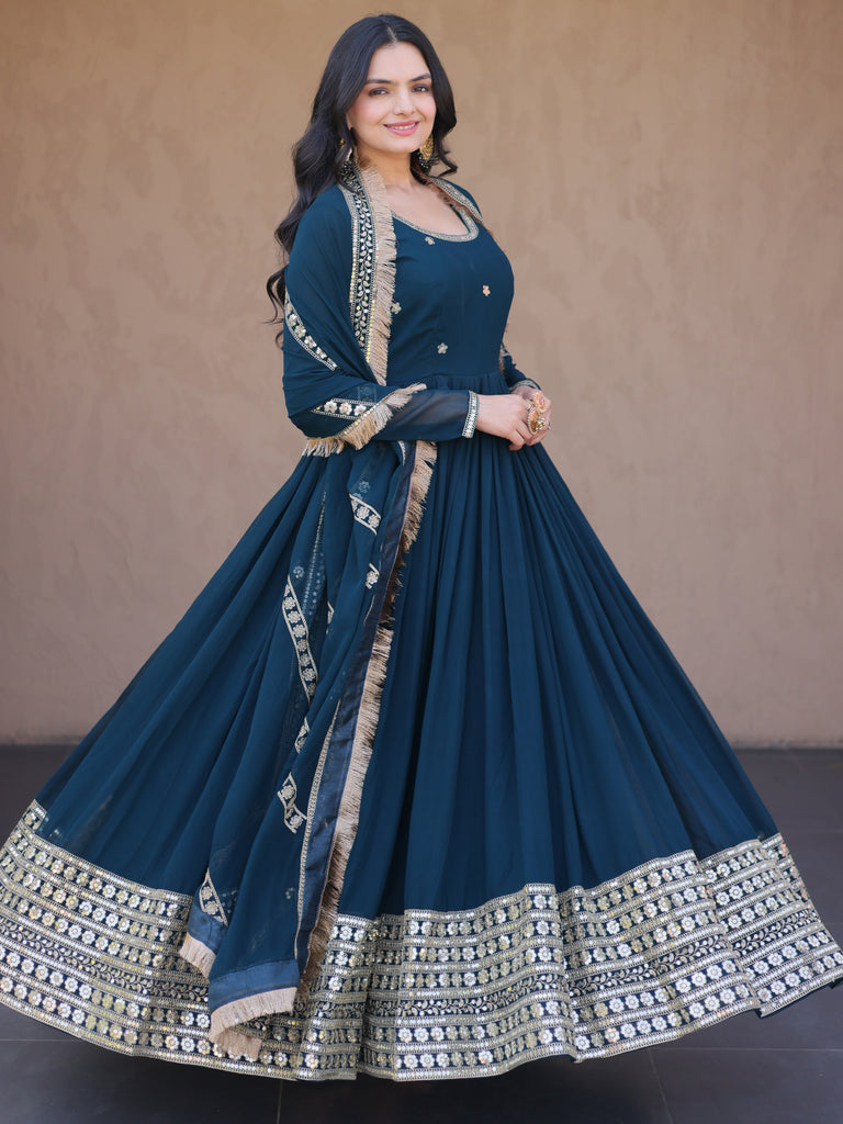 Classic Teal Blue Zari Work Georgette Marriage Wear Gown With Dupatta