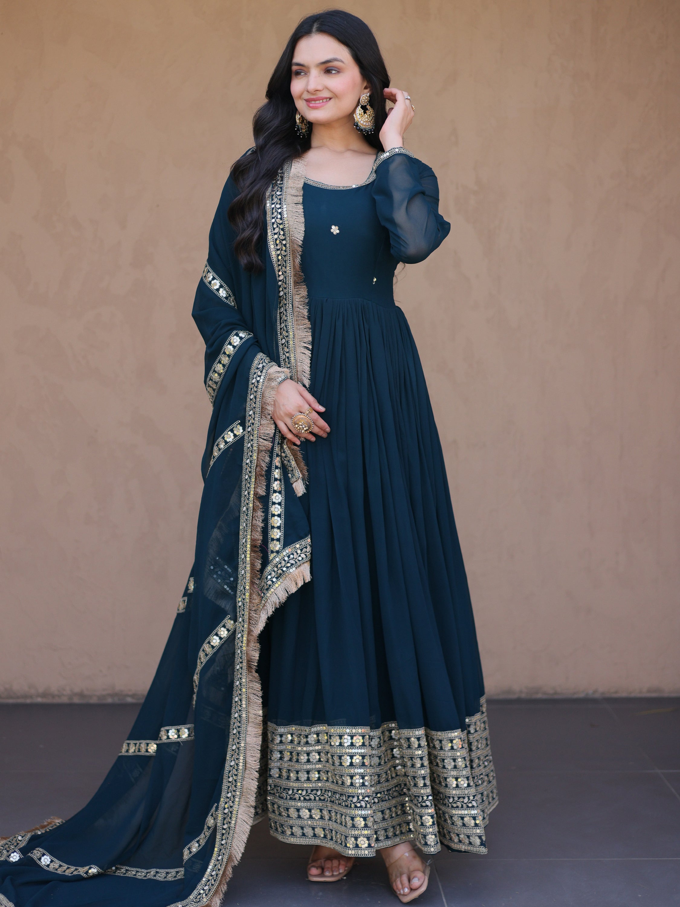 Classic Teal Blue Zari Work Georgette Marriage Wear Gown With Dupatta