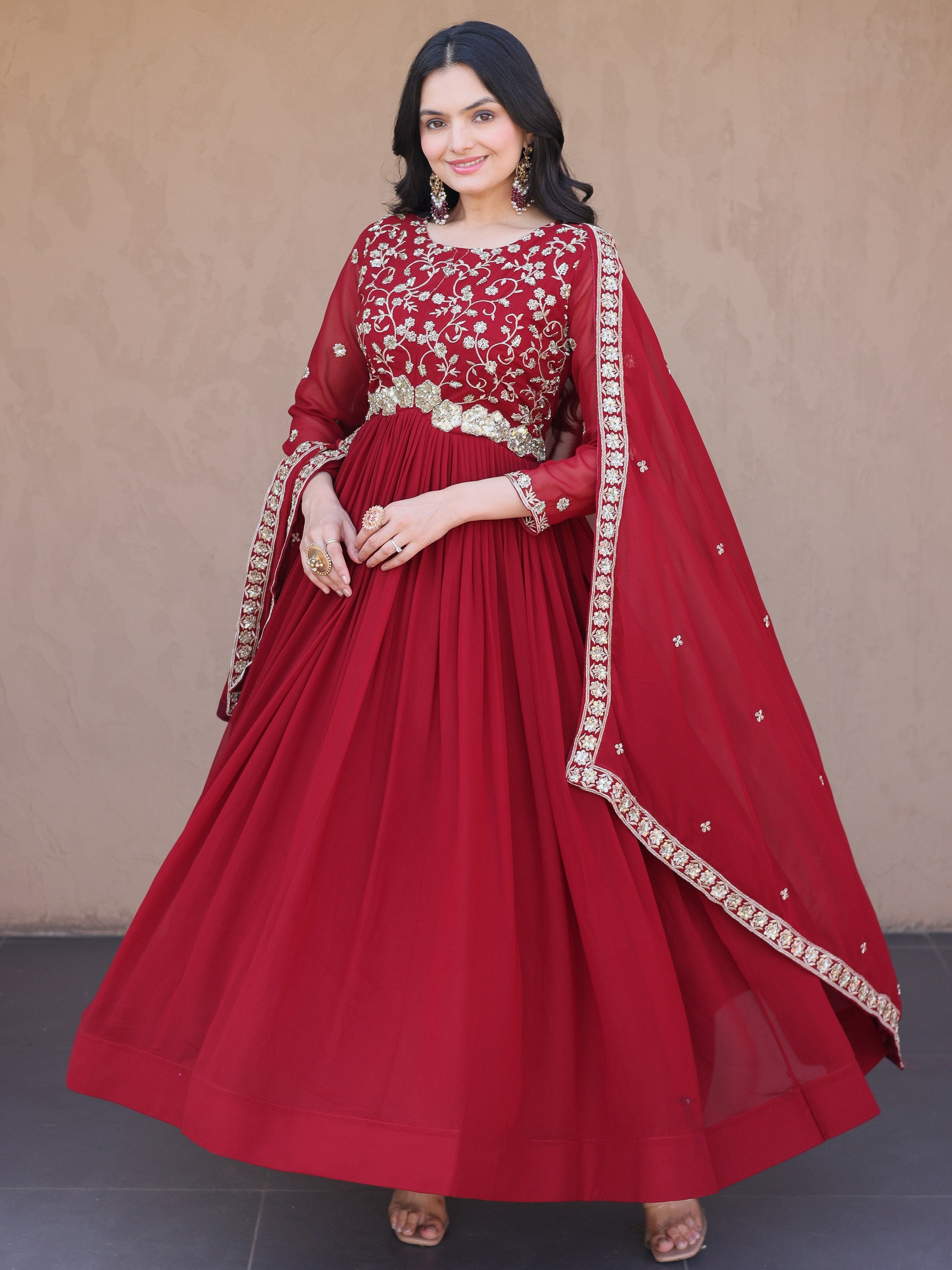 Wonderful Maroon Bead Work Georgette Wedding Wear Gown With Dupatta