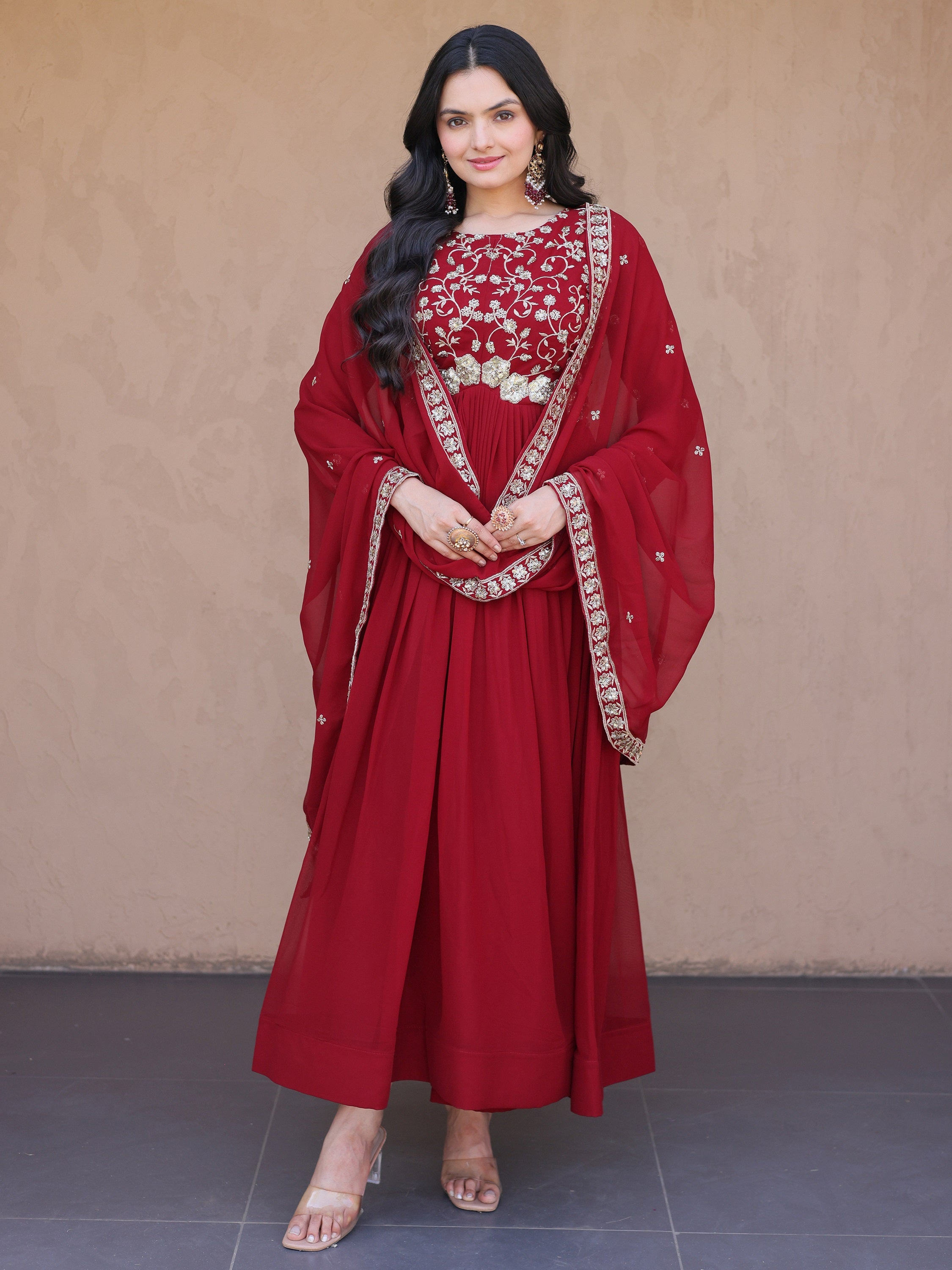 Wonderful Maroon Bead Work Georgette Wedding Wear Gown With Dupatta