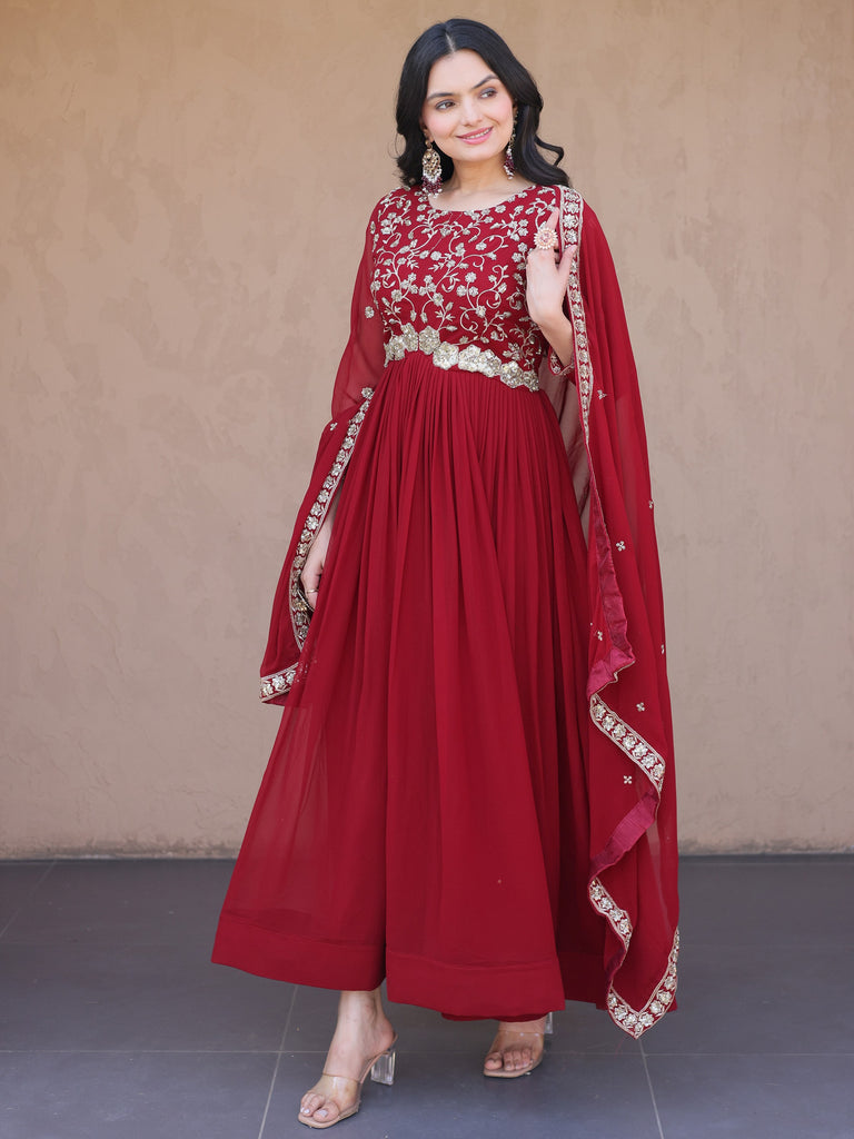 Wonderful Maroon Bead Work Georgette Wedding Wear Gown With Dupatta
