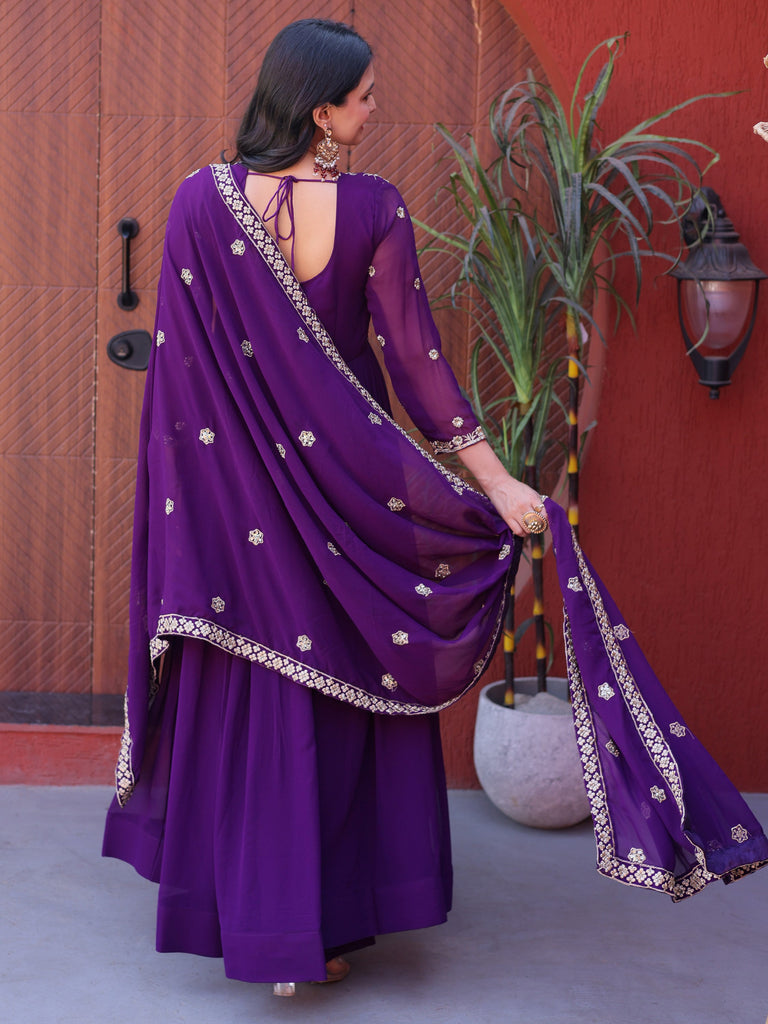 Outstanding Purple Sequins Georgette Festive Wear Gown With Dupatta