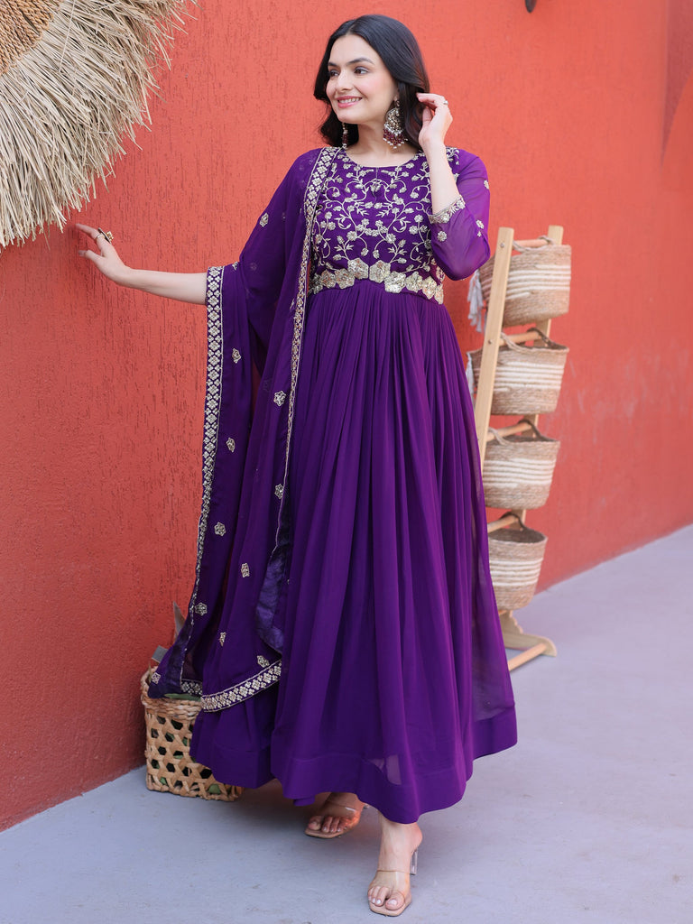 Outstanding Purple Sequins Georgette Festive Wear Gown With Dupatta