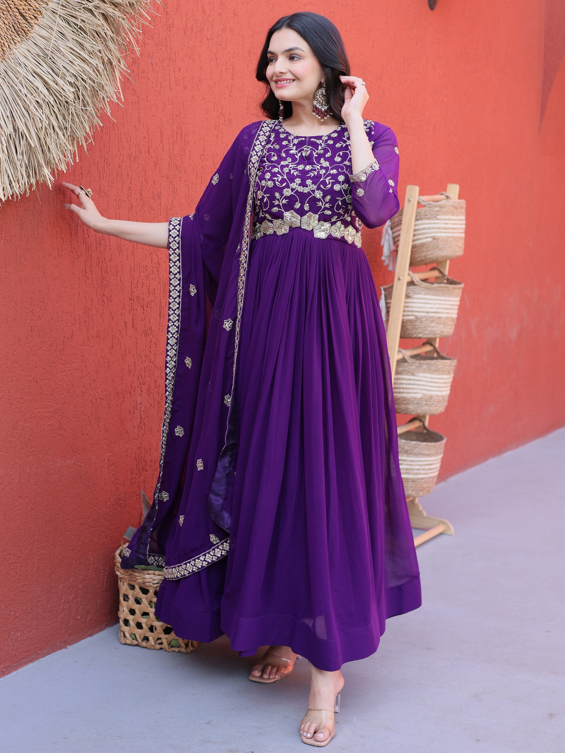 Outstanding Purple Sequins Georgette Festive Wear Gown With Dupatta
