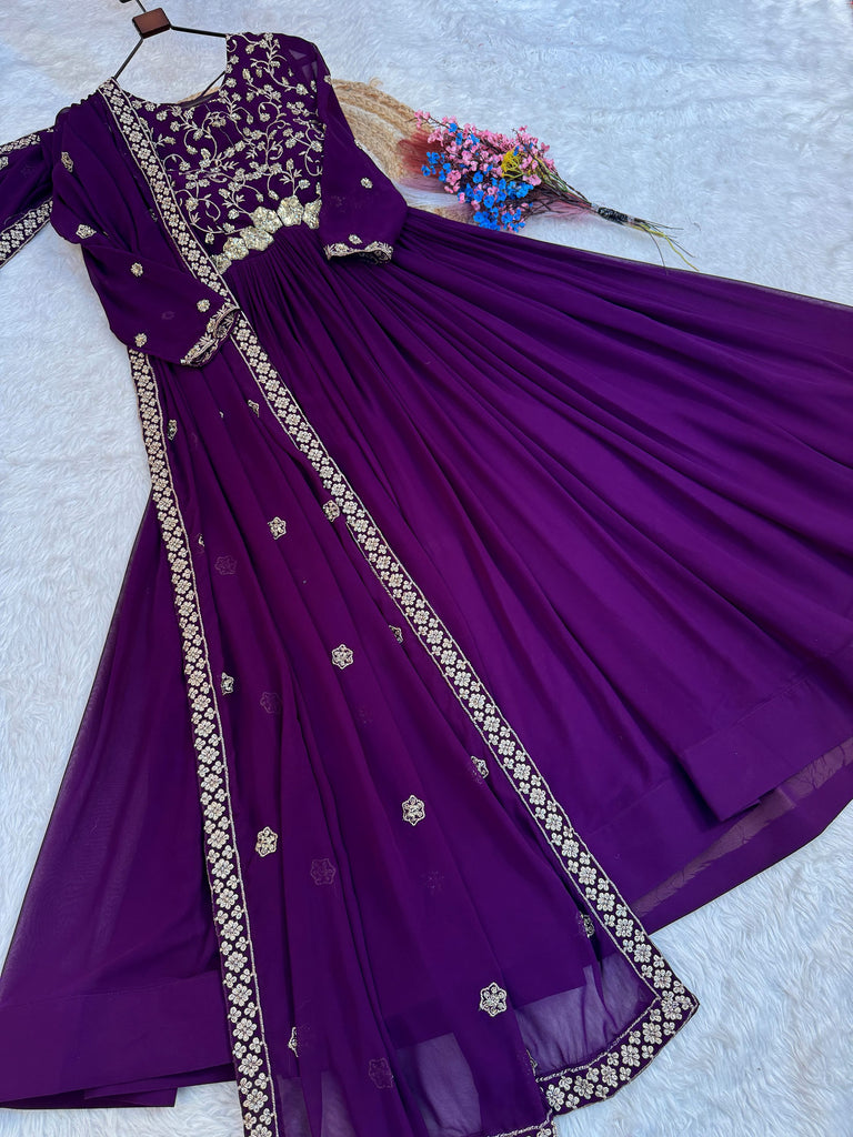 Outstanding Purple Sequins Georgette Festive Wear Gown With Dupatta
