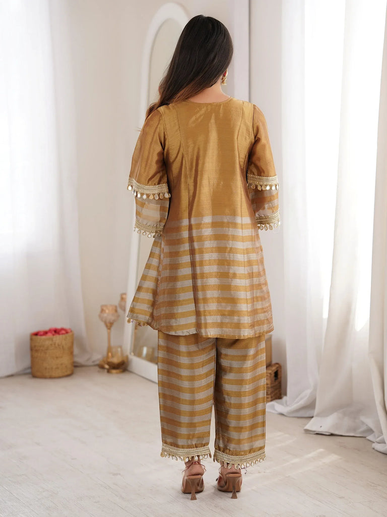 Incredible Golden Mirror Work Tissue Party Wear Co-ord Set With Batwa