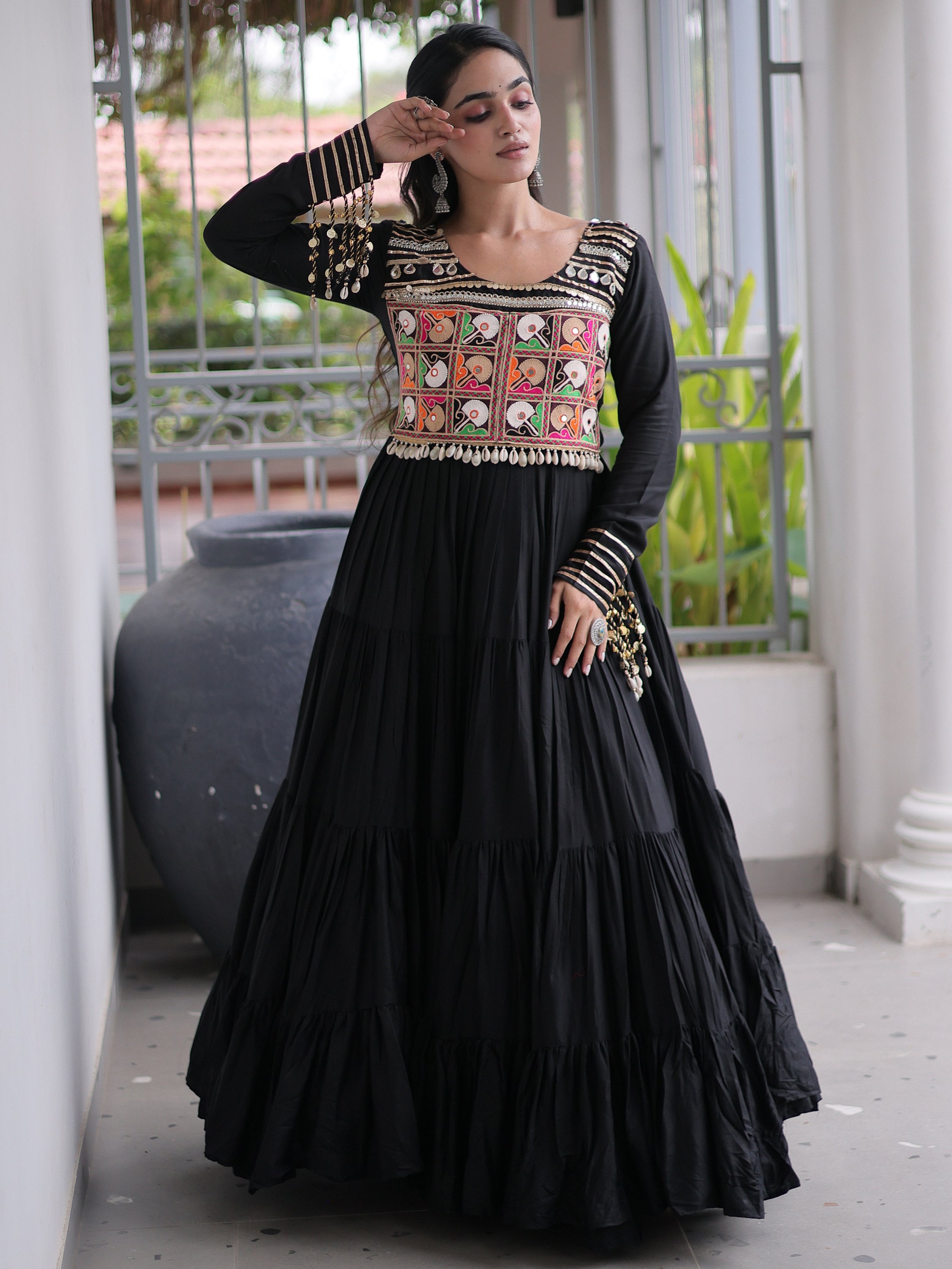 Dazzling Black Gamthi Work Rayon Navratri Wear Gown