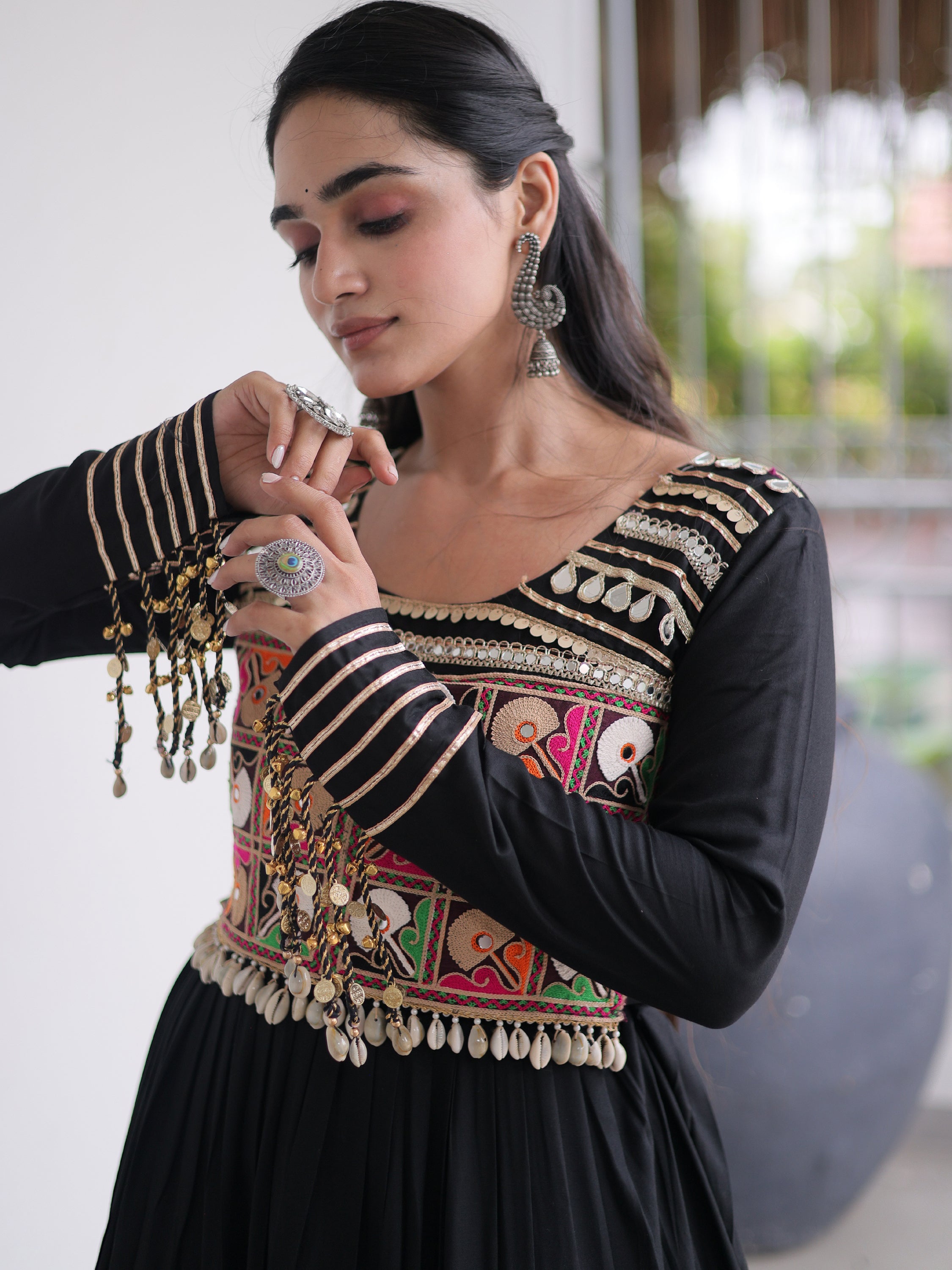 Dazzling Black Gamthi Work Rayon Navratri Wear Gown