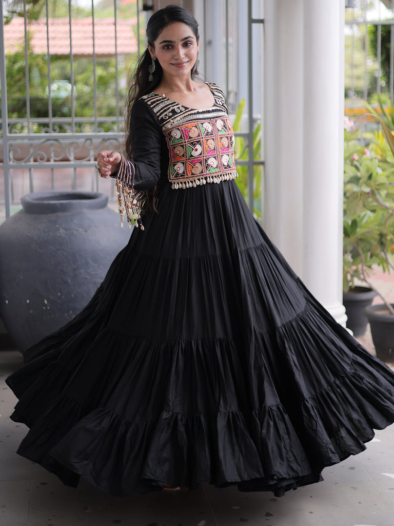 Dazzling Black Gamthi Work Rayon Navratri Wear Gown