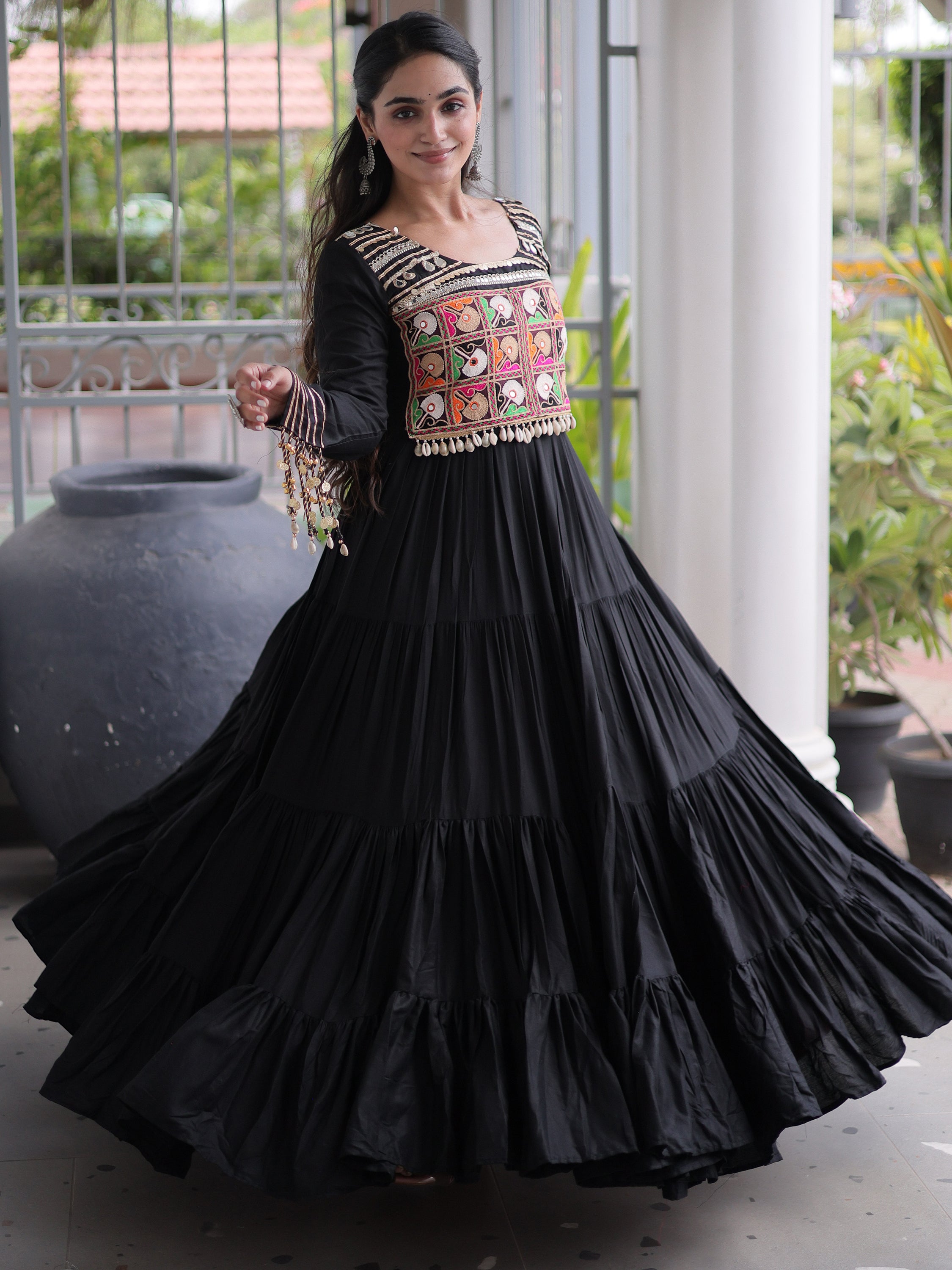 Dazzling Black Gamthi Work Rayon Navratri Wear Gown