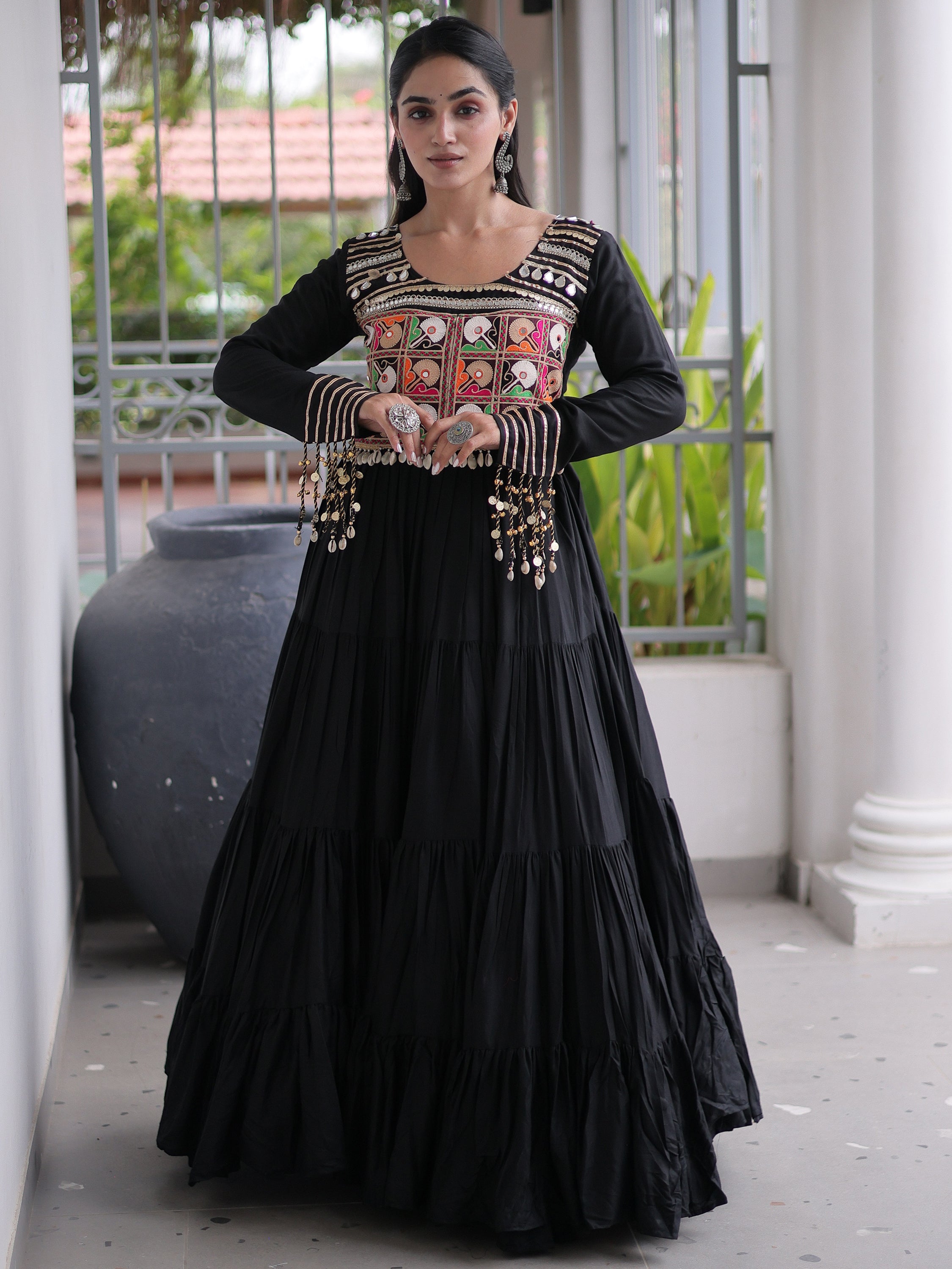 Dazzling Black Gamthi Work Rayon Navratri Wear Gown