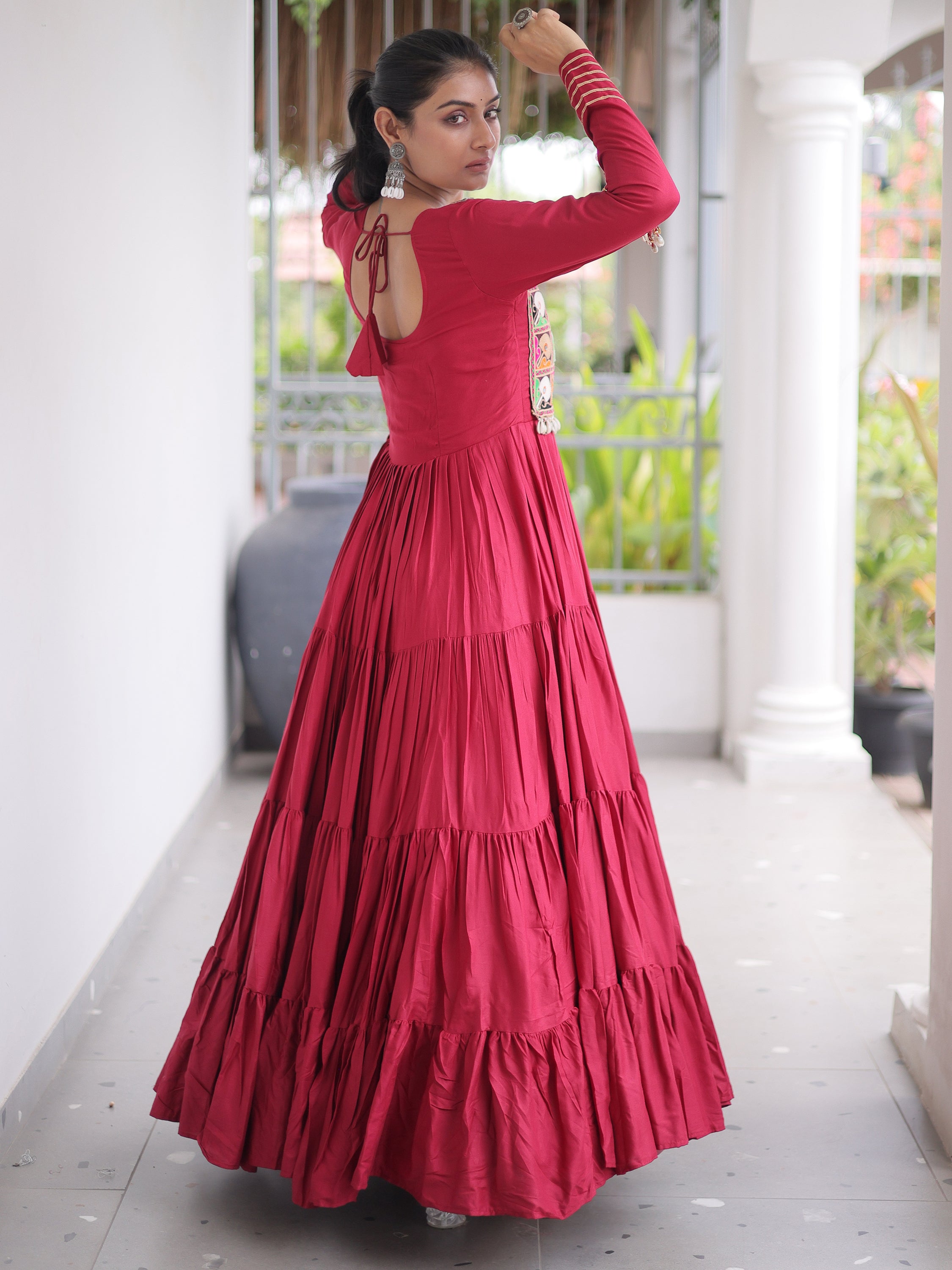 Timeless Maroon Kutchi Work Rayon Navratri Special Gown