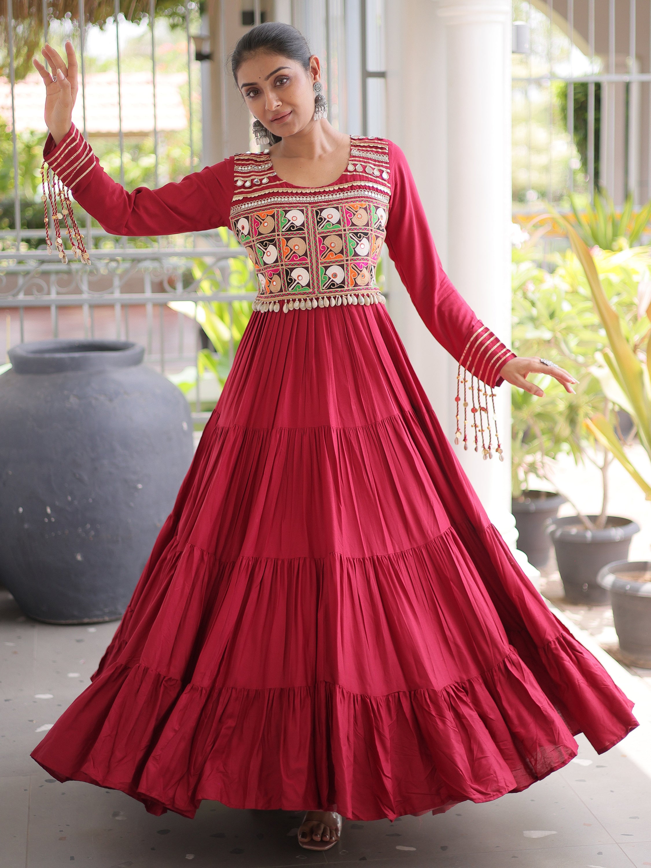 Timeless Maroon Kutchi Work Rayon Navratri Special Gown