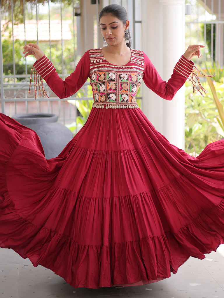 Timeless Maroon Kutchi Work Rayon Navratri Special Gown
