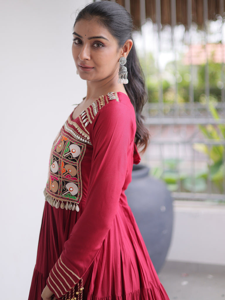 Timeless Maroon Kutchi Work Rayon Navratri Special Gown