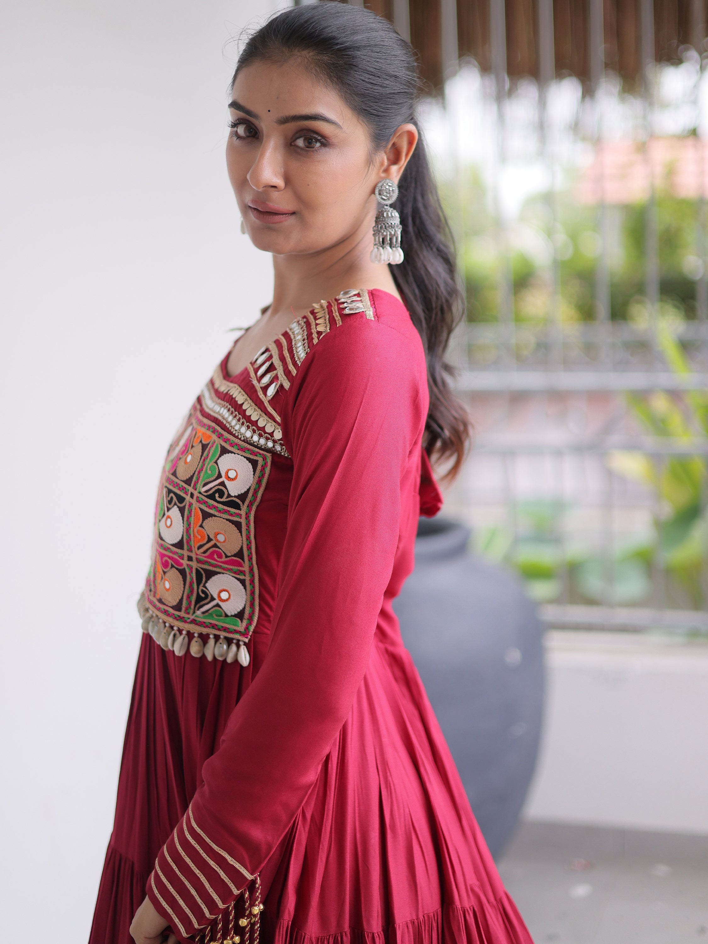 Timeless Maroon Kutchi Work Rayon Navratri Special Gown