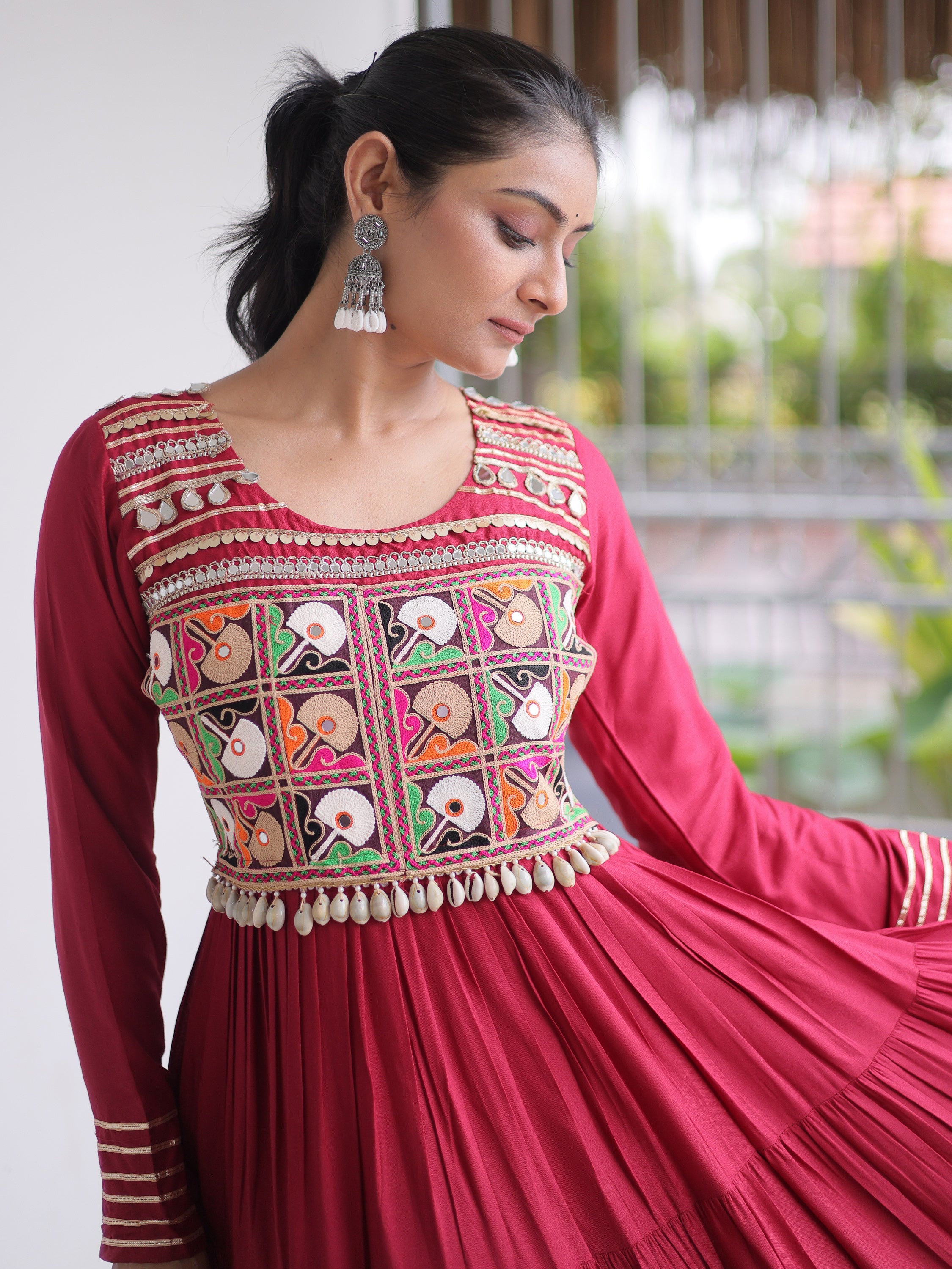 Timeless Maroon Kutchi Work Rayon Navratri Special Gown