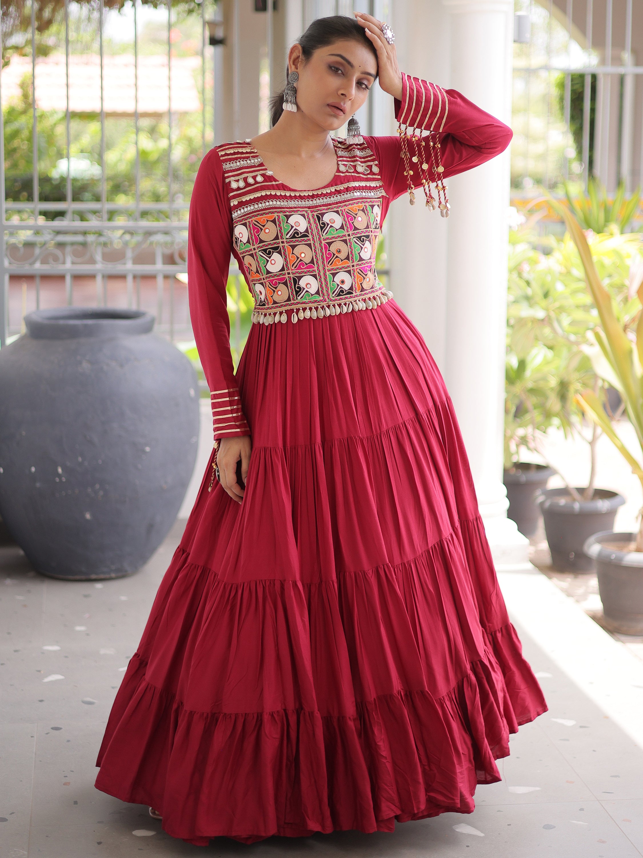 Timeless Maroon Kutchi Work Rayon Navratri Special Gown