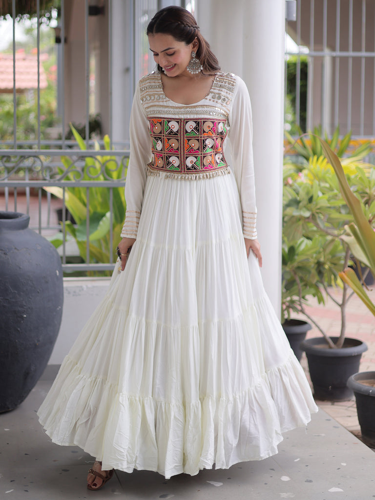 Beautiful White Gamthi Work Rayon Navratri Wear Gown