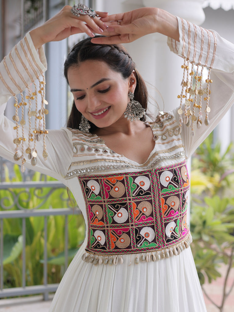 Beautiful White Gamthi Work Rayon Navratri Wear Gown
