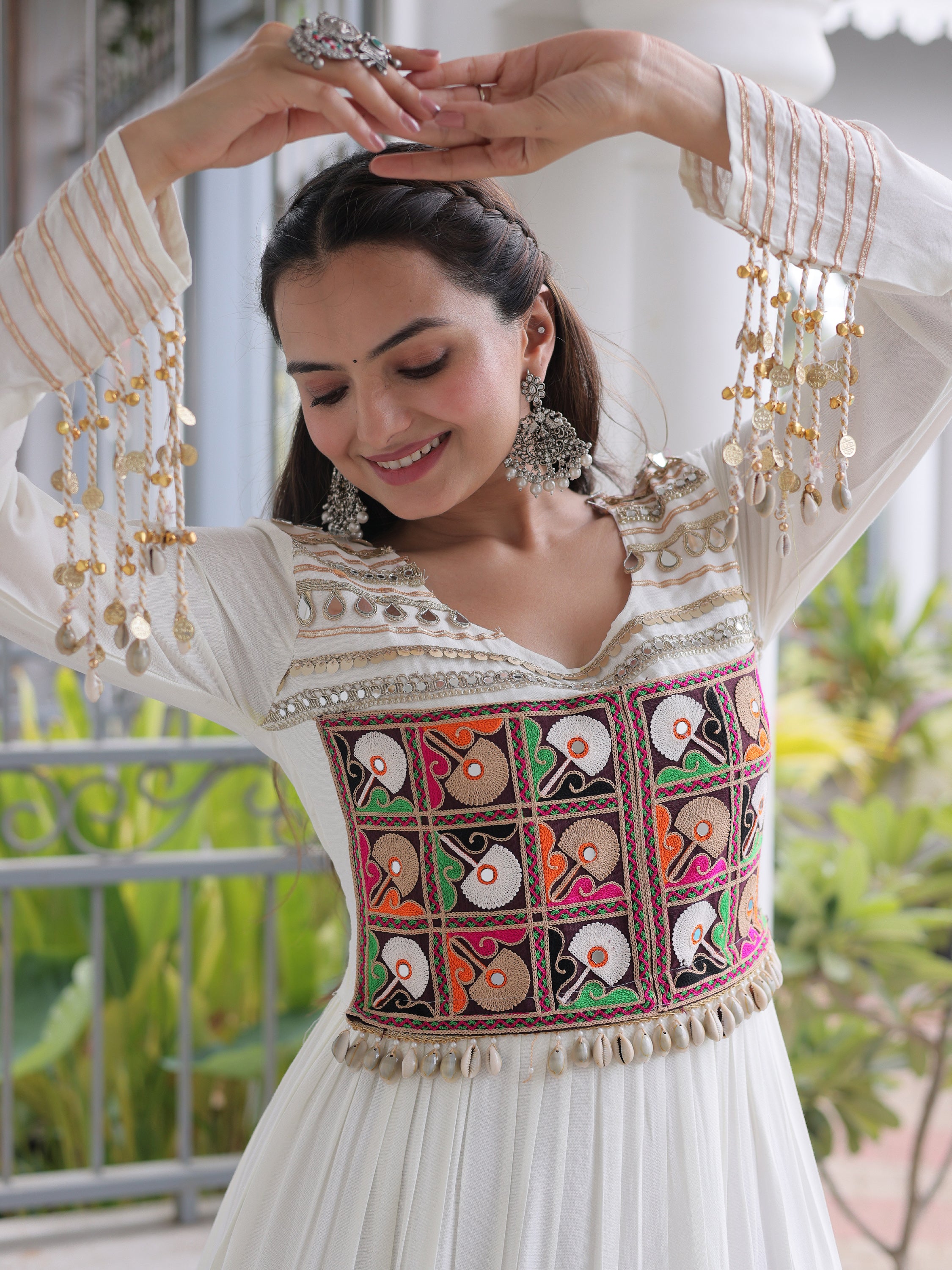 Beautiful White Gamthi Work Rayon Navratri Wear Gown