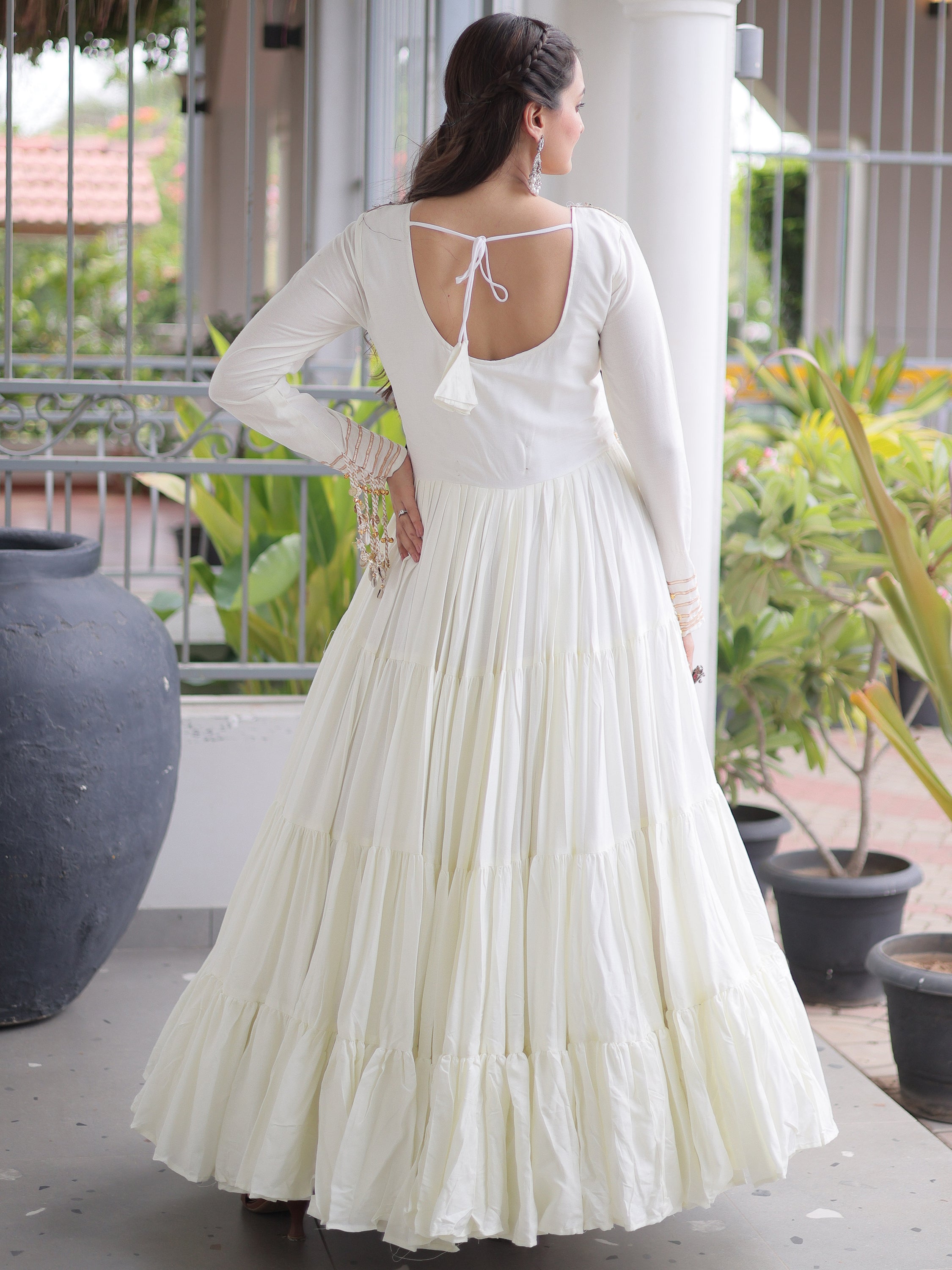 Beautiful White Gamthi Work Rayon Navratri Wear Gown