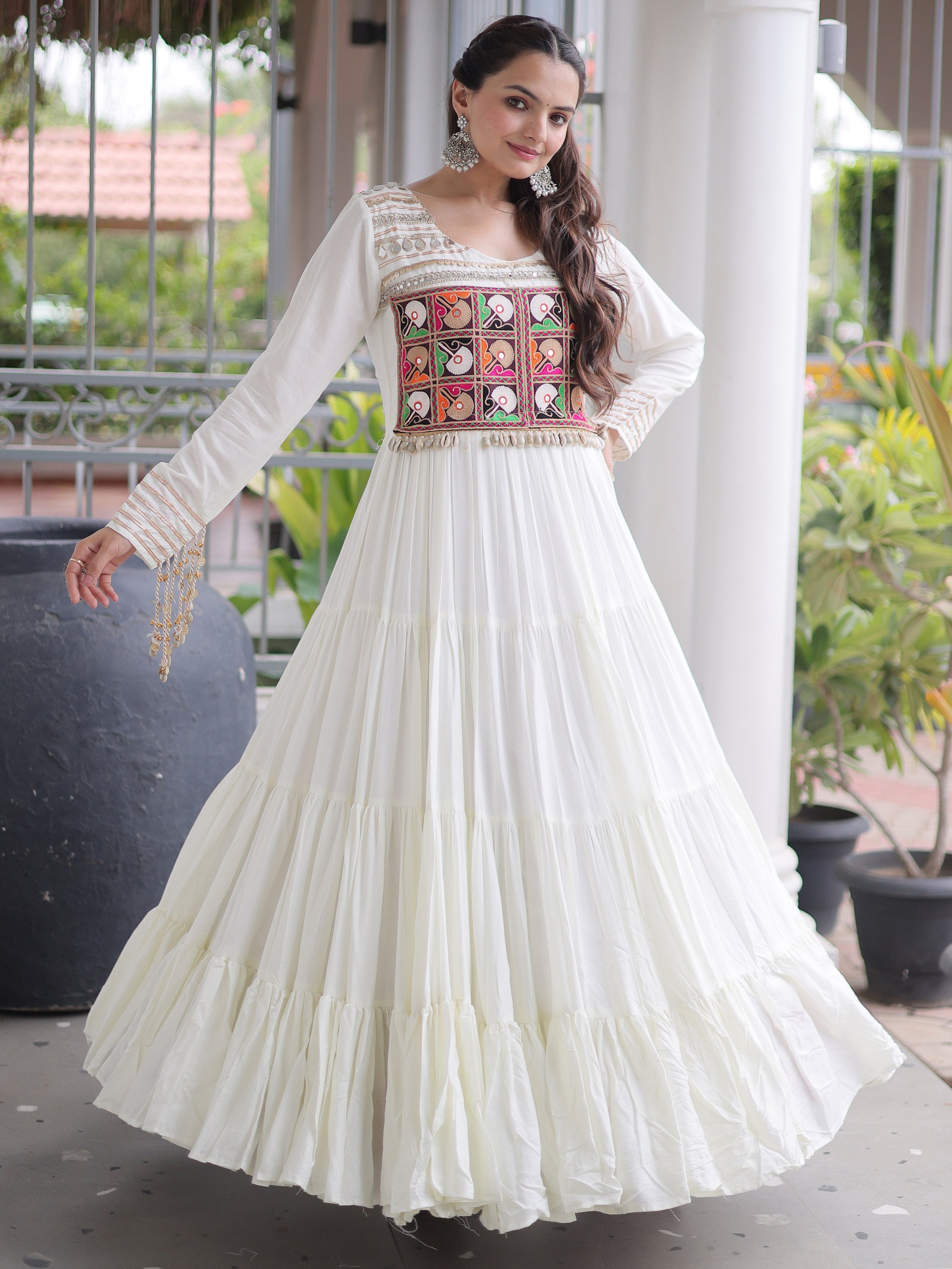 Beautiful White Gamthi Work Rayon Navratri Wear Gown