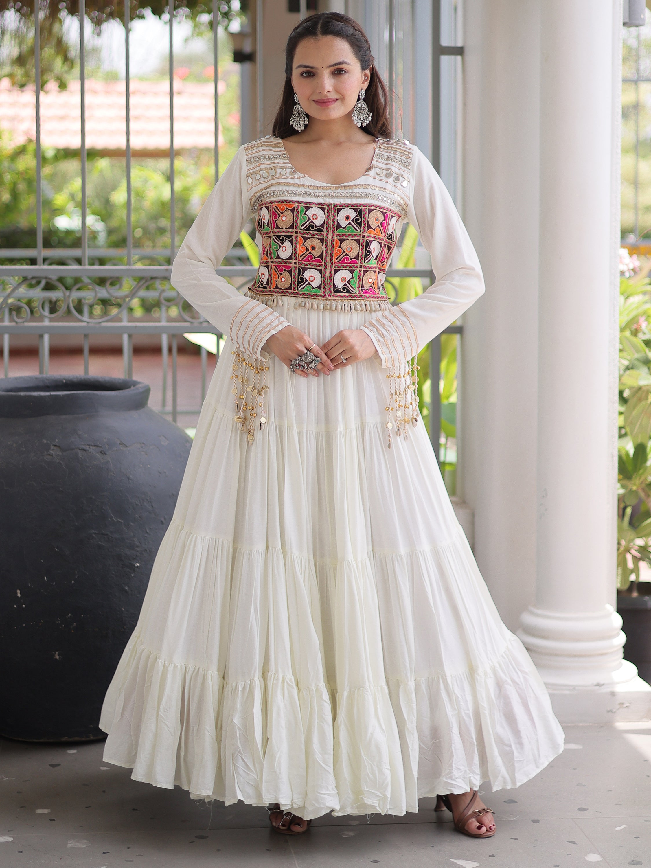Beautiful White Gamthi Work Rayon Navratri Wear Gown