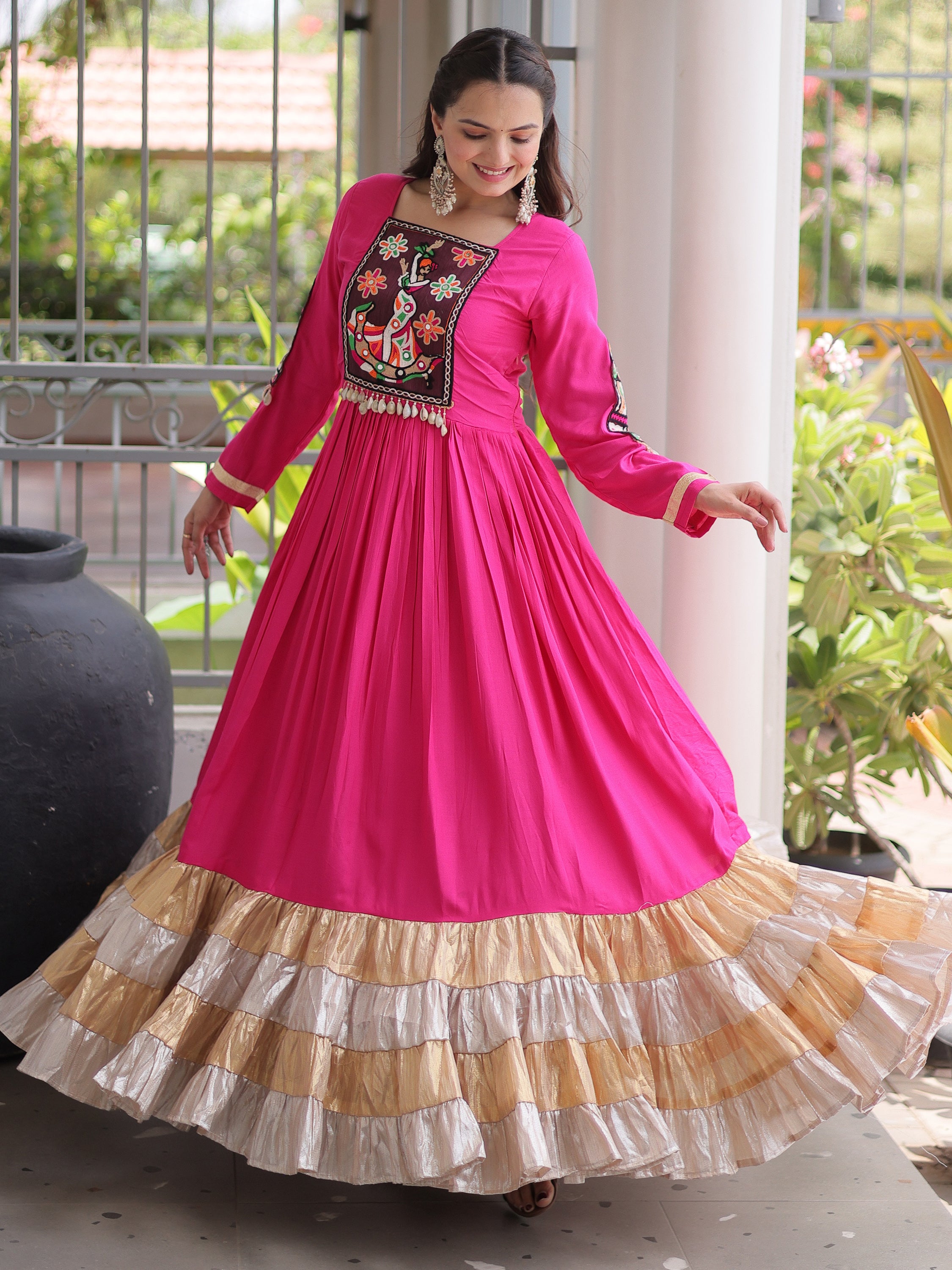 Superb Rani Pink Gamthi Work Rayon Navratri Wear Gown