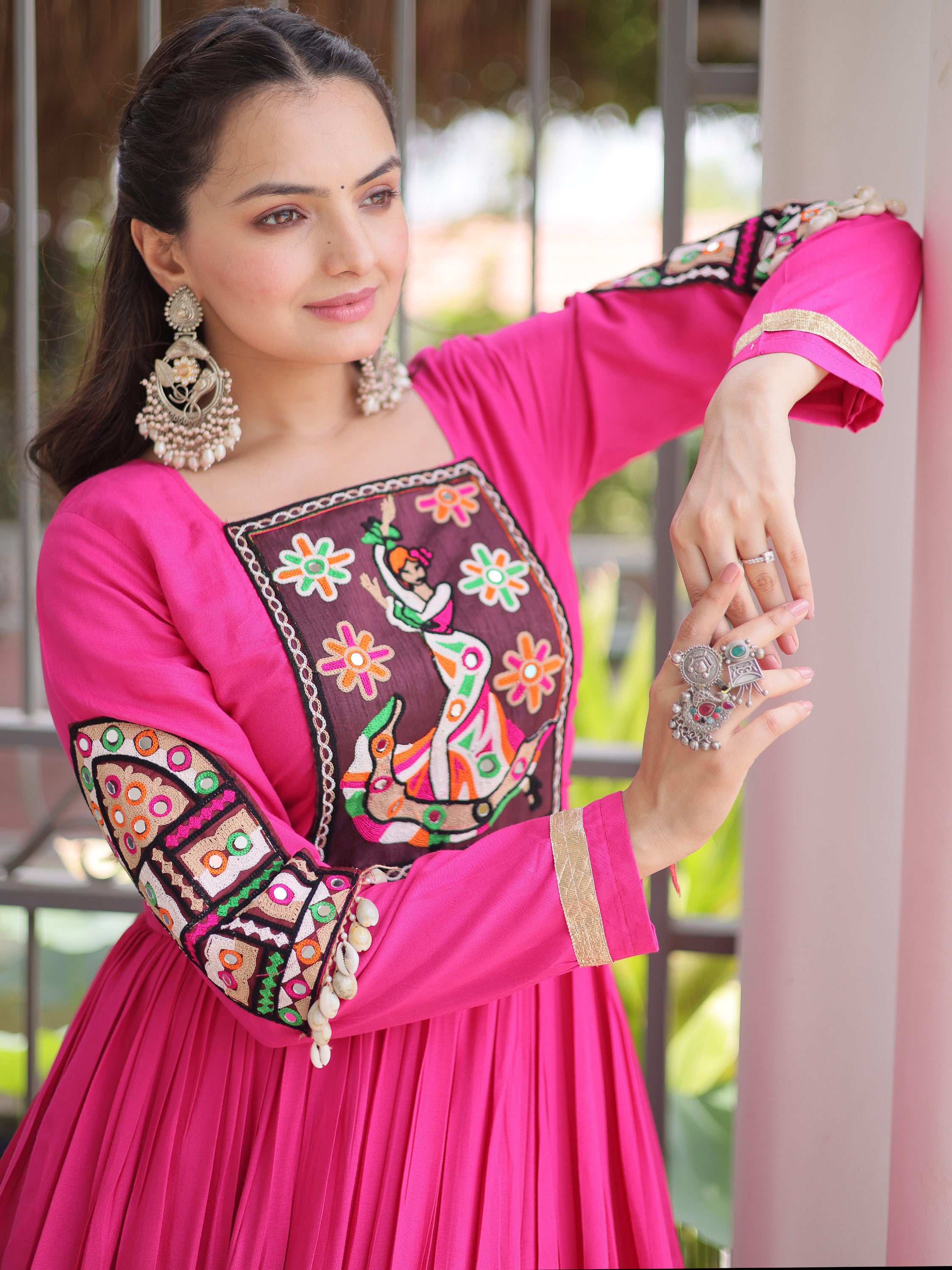 Superb Rani Pink Gamthi Work Rayon Navratri Wear Gown