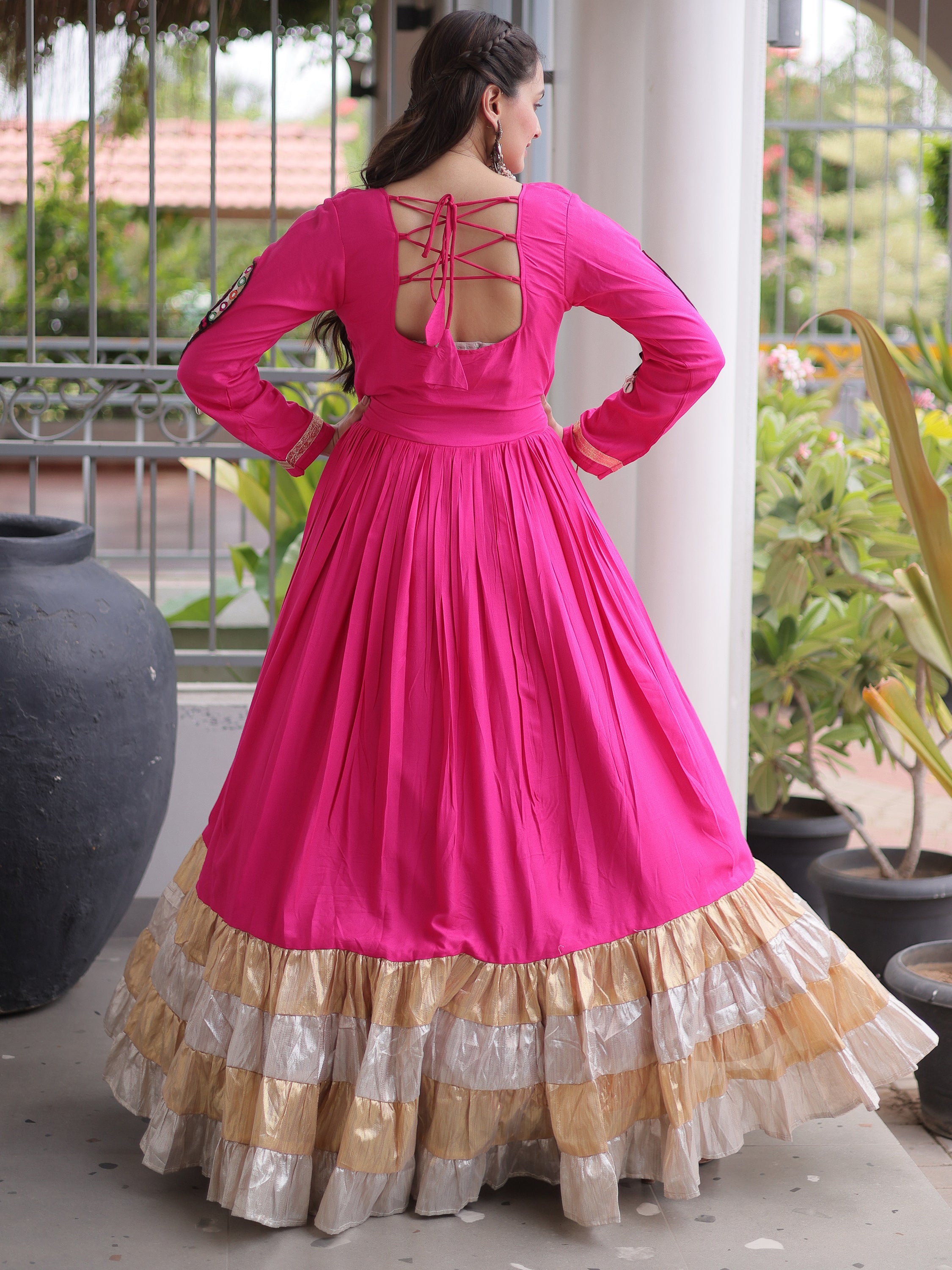 Superb Rani Pink Gamthi Work Rayon Navratri Wear Gown