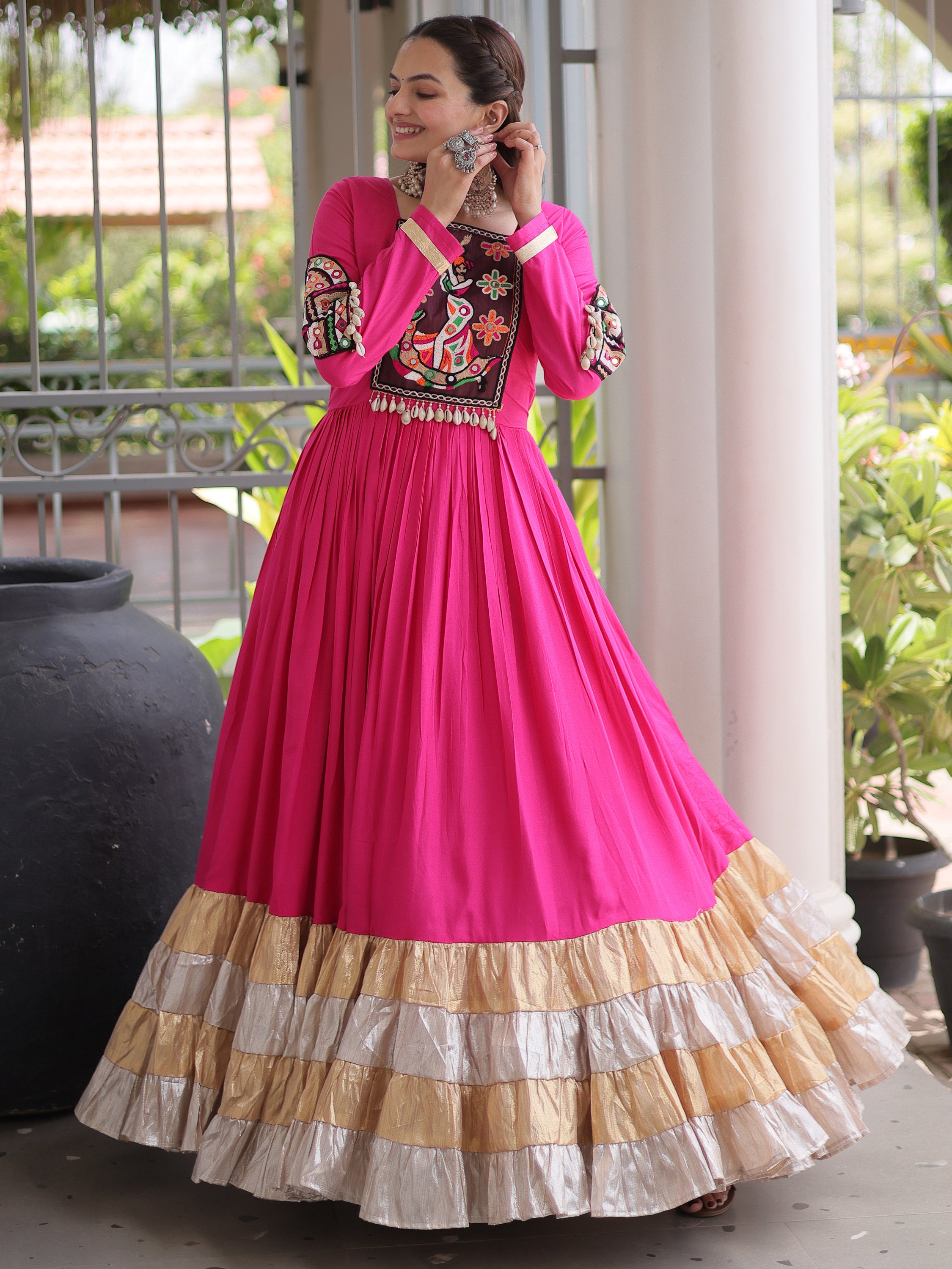 Superb Rani Pink Gamthi Work Rayon Navratri Wear Gown