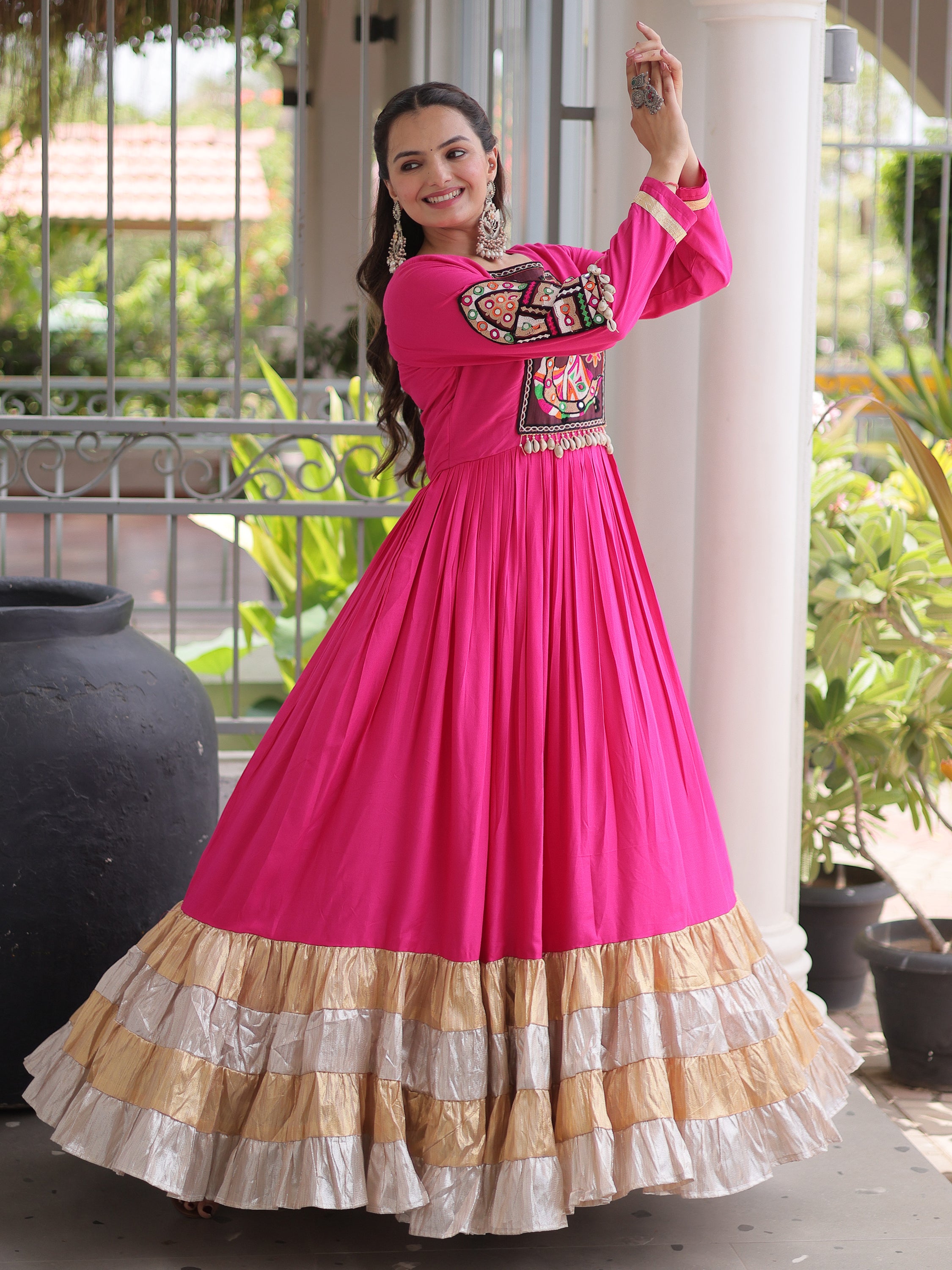 Superb Rani Pink Gamthi Work Rayon Navratri Wear Gown