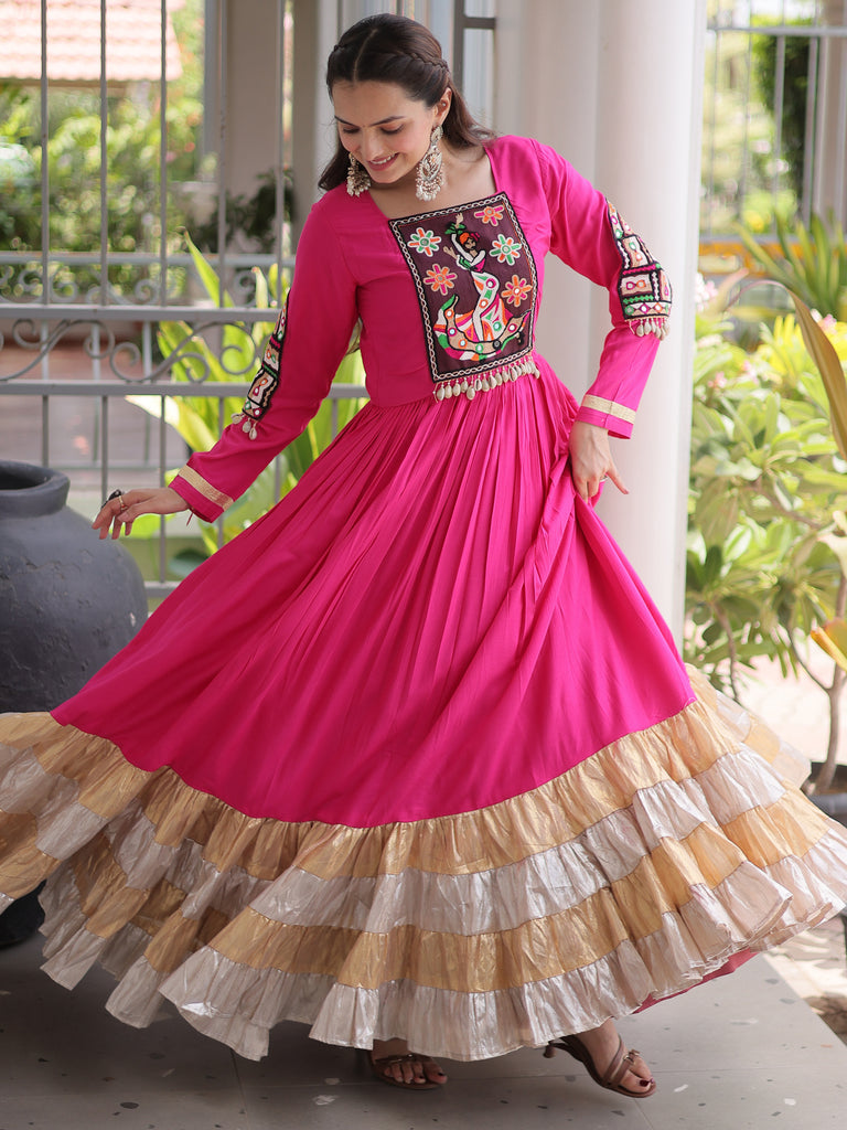 Superb Rani Pink Gamthi Work Rayon Navratri Wear Gown