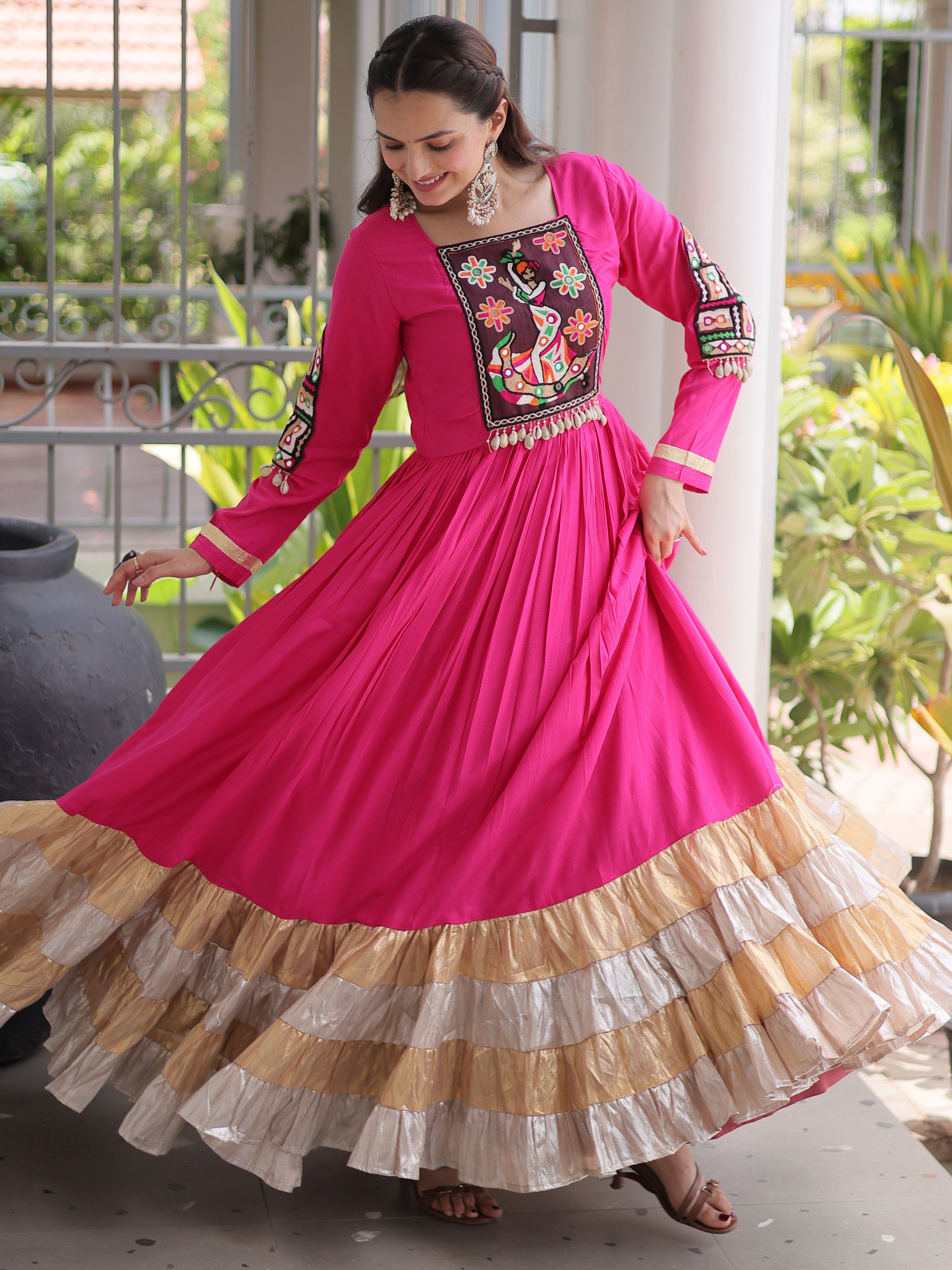 Superb Rani Pink Gamthi Work Rayon Navratri Wear Gown